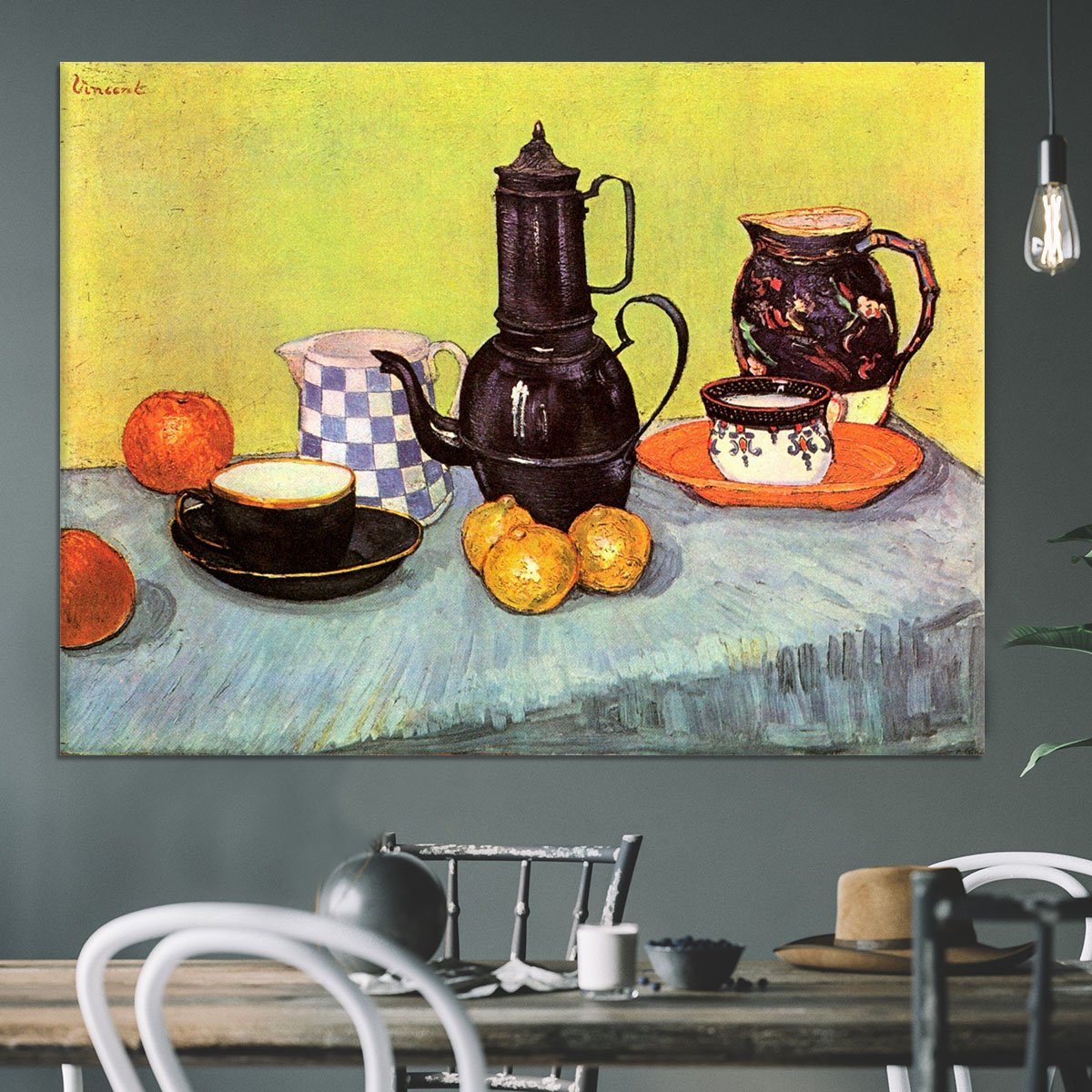 Still Life Blue Enamel Coffeepot Earthenware and Fruit by Van Gogh Canvas Print or Poster