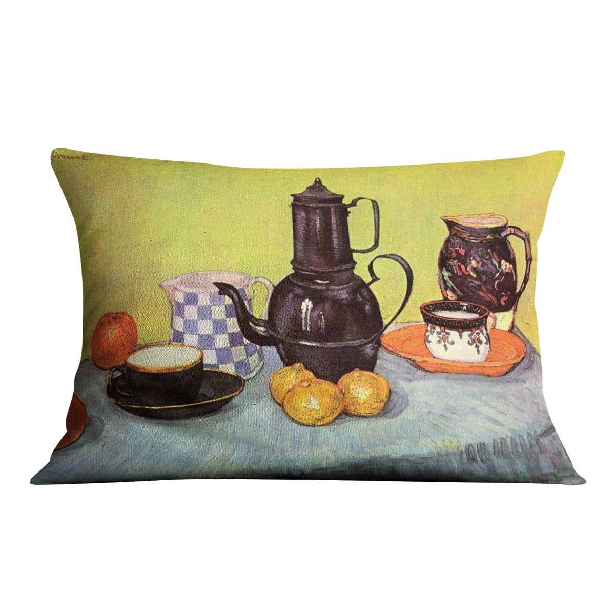Still Life Blue Enamel Coffeepot Earthenware and Fruit by Van Gogh Throw Pillow