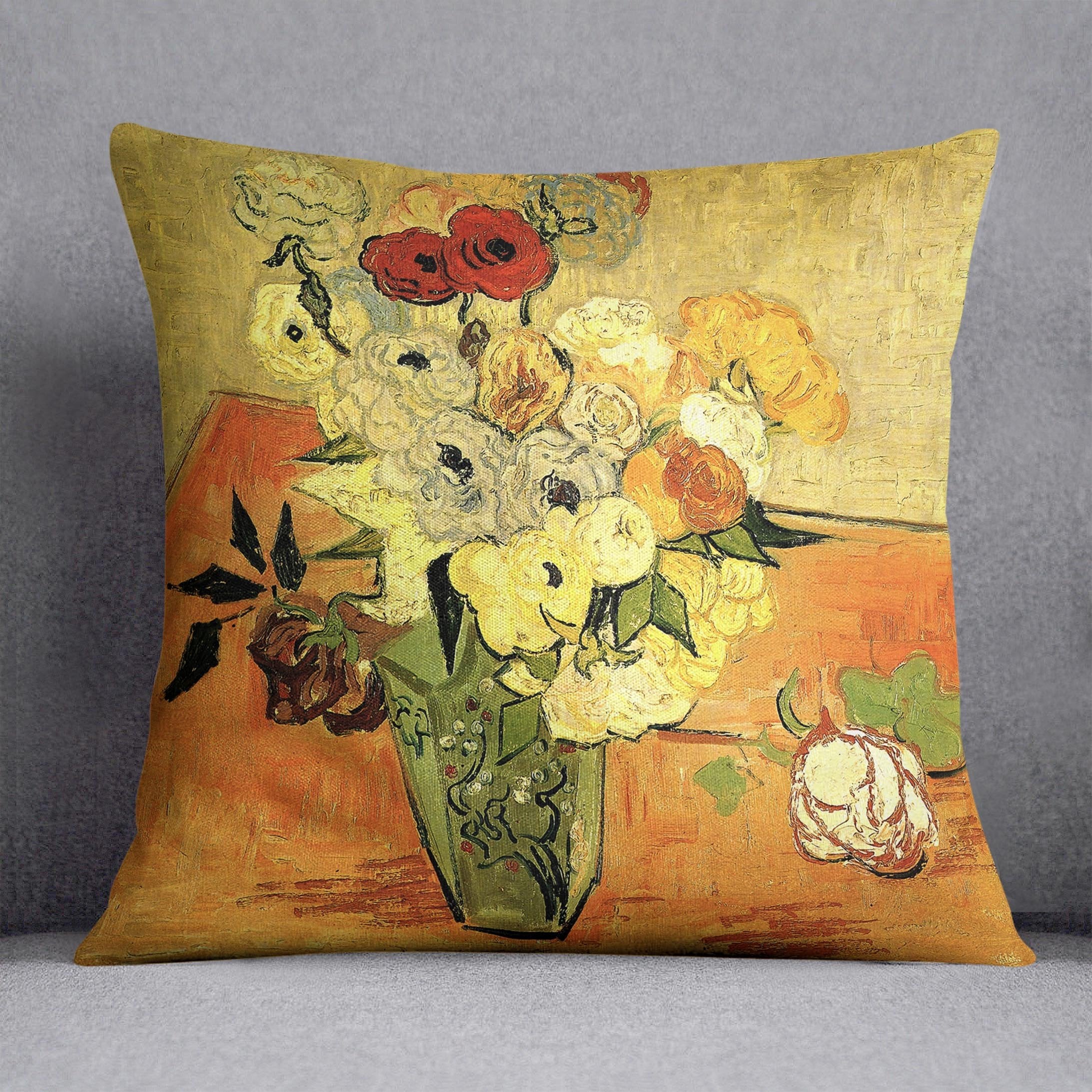 Still Life Japanese Vase with Roses and Anemones by Van Gogh Throw Pillow