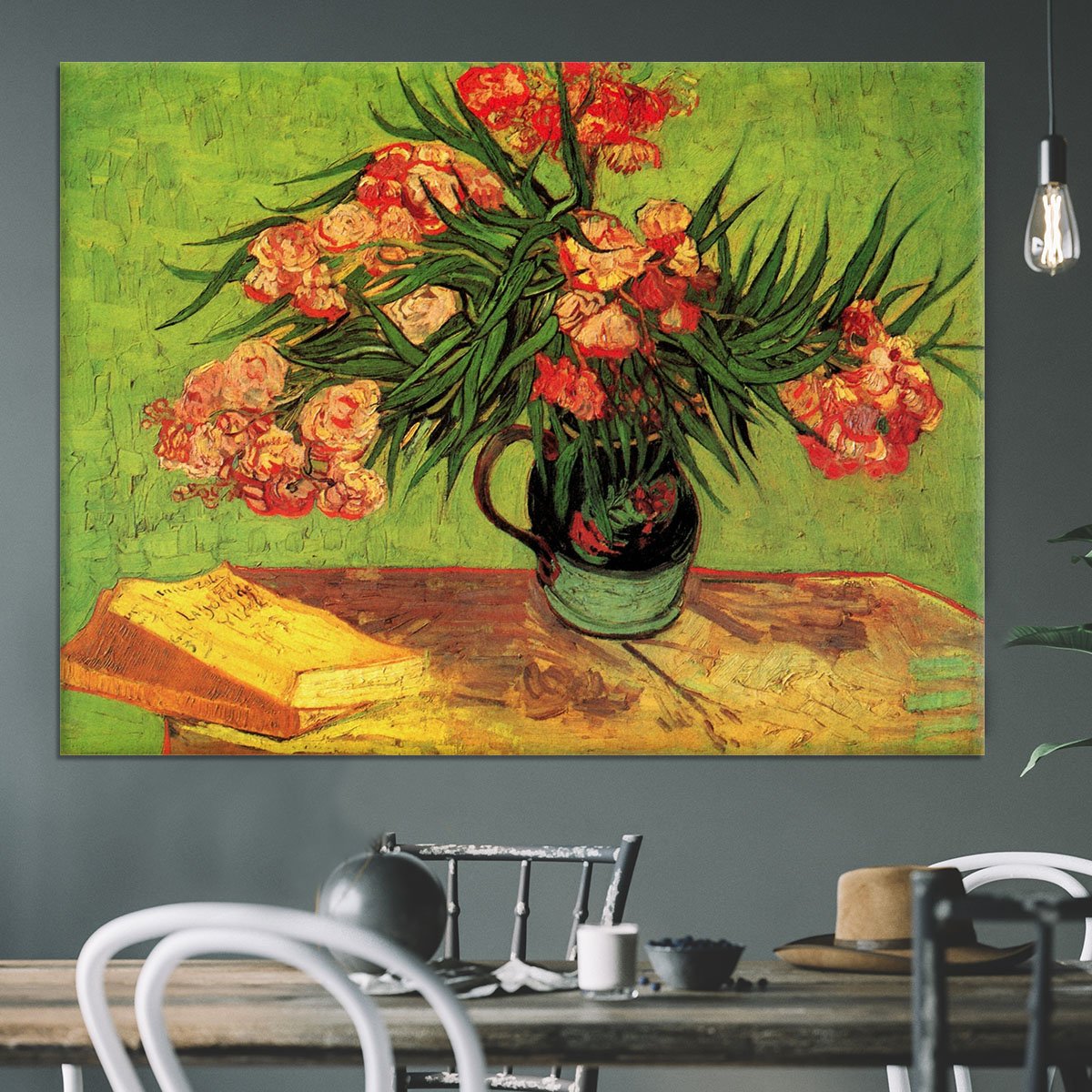 Still Life Vase with Oleanders and Books by Van Gogh Canvas Print or Poster