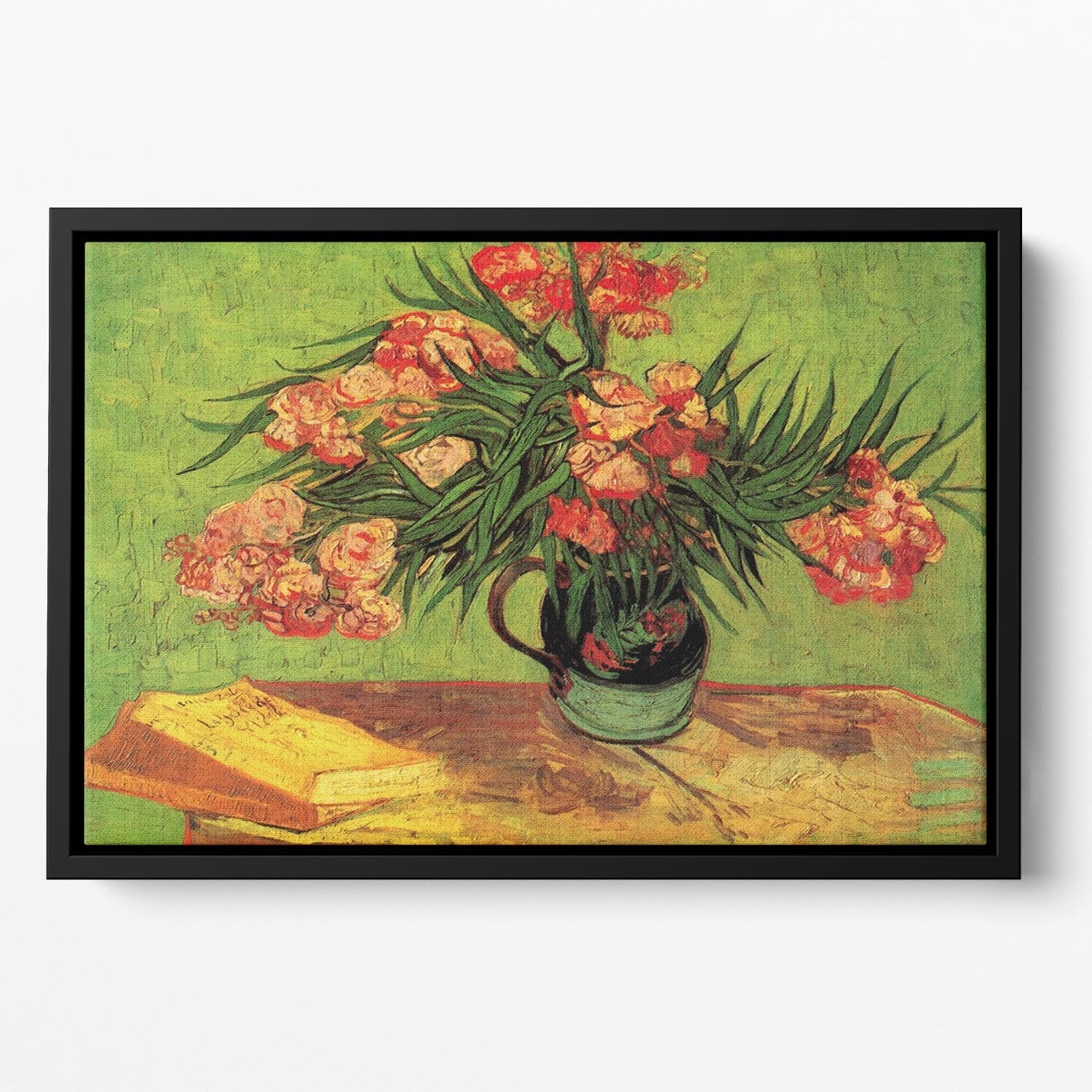 Still Life Vase with Oleanders and Books by Van Gogh Floating Framed Canvas