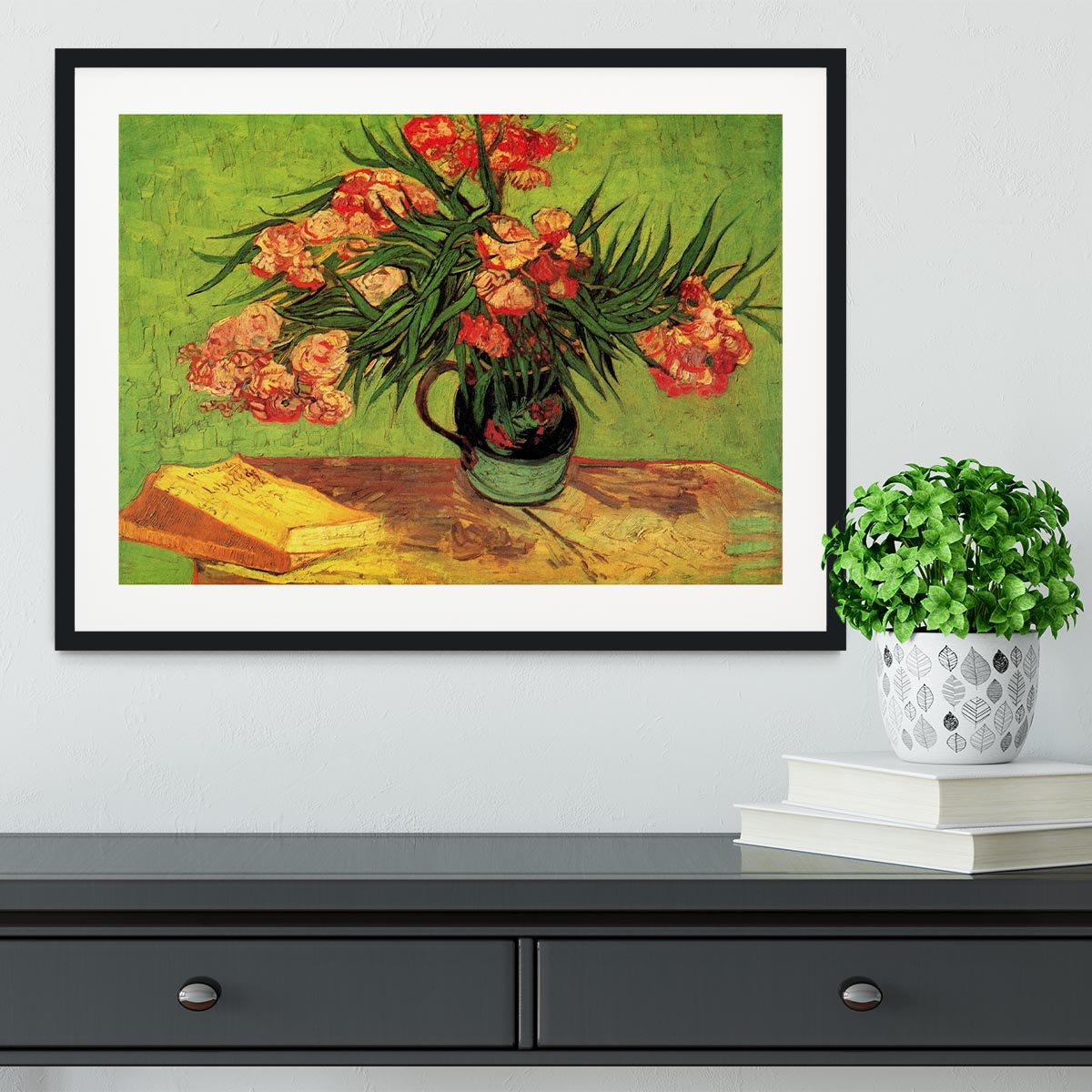 Still Life Vase with Oleanders and Books by Van Gogh Framed Print - Canvas Art Rocks - 1
