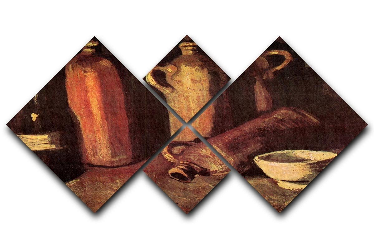 Still Life with Four Stone Bottles Flask and White Cup by Van Gogh 4 Square Multi Panel Canvas  - Canvas Art Rocks - 1