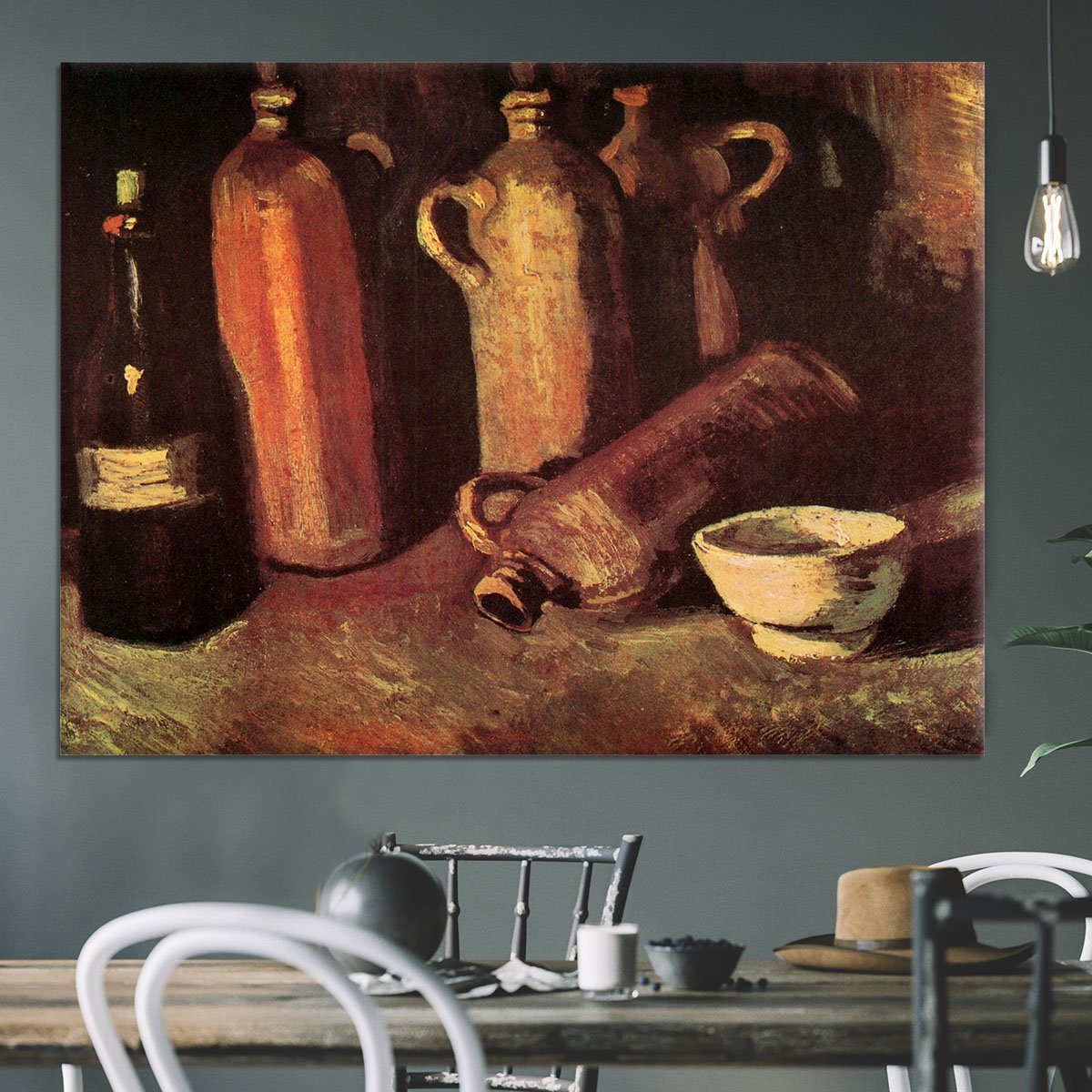 Still Life with Four Stone Bottles Flask and White Cup by Van Gogh Canvas Print or Poster