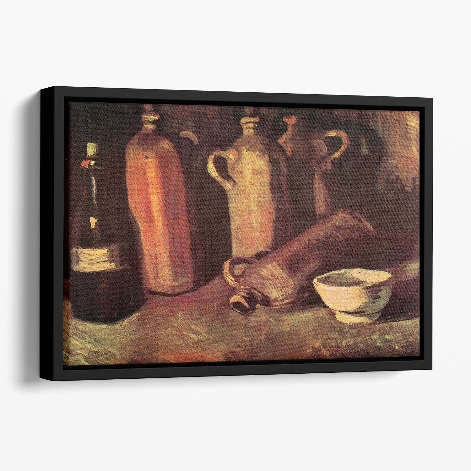 Still Life with Four Stone Bottles Flask and White Cup by Van Gogh Floating Framed Canvas