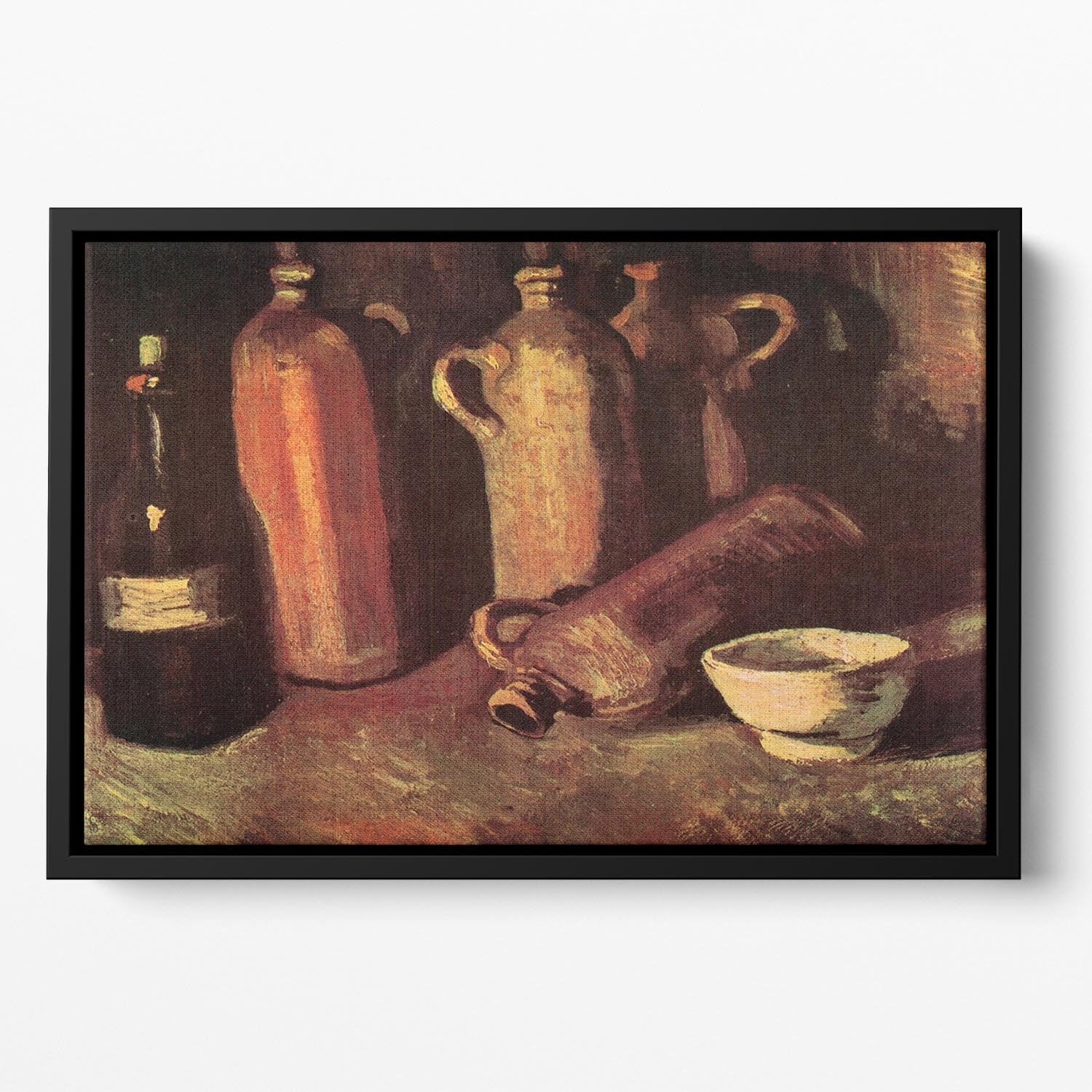 Still Life with Four Stone Bottles Flask and White Cup by Van Gogh Floating Framed Canvas