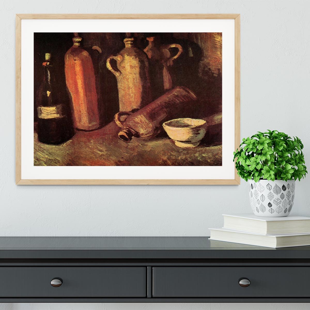 Still Life with Four Stone Bottles Flask and White Cup by Van Gogh Framed Print - Canvas Art Rocks - 3