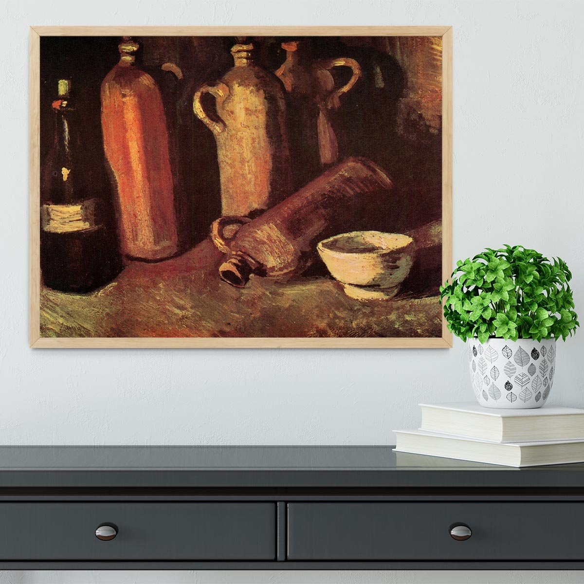 Still Life with Four Stone Bottles Flask and White Cup by Van Gogh Framed Print - Canvas Art Rocks - 4