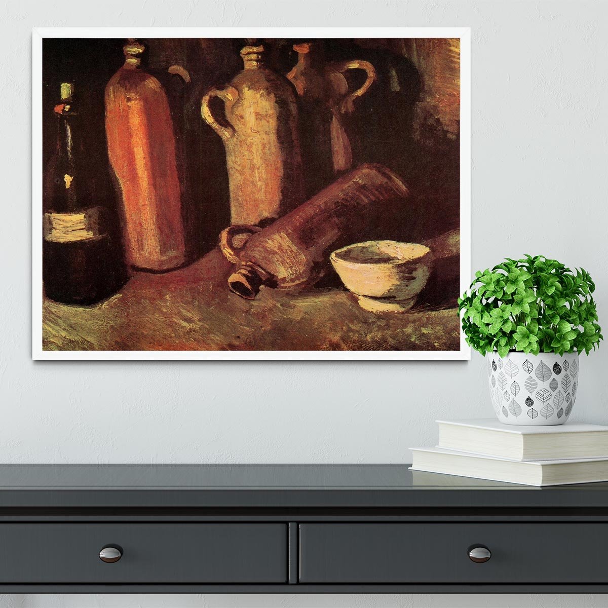 Still Life with Four Stone Bottles Flask and White Cup by Van Gogh Framed Print - Canvas Art Rocks -6