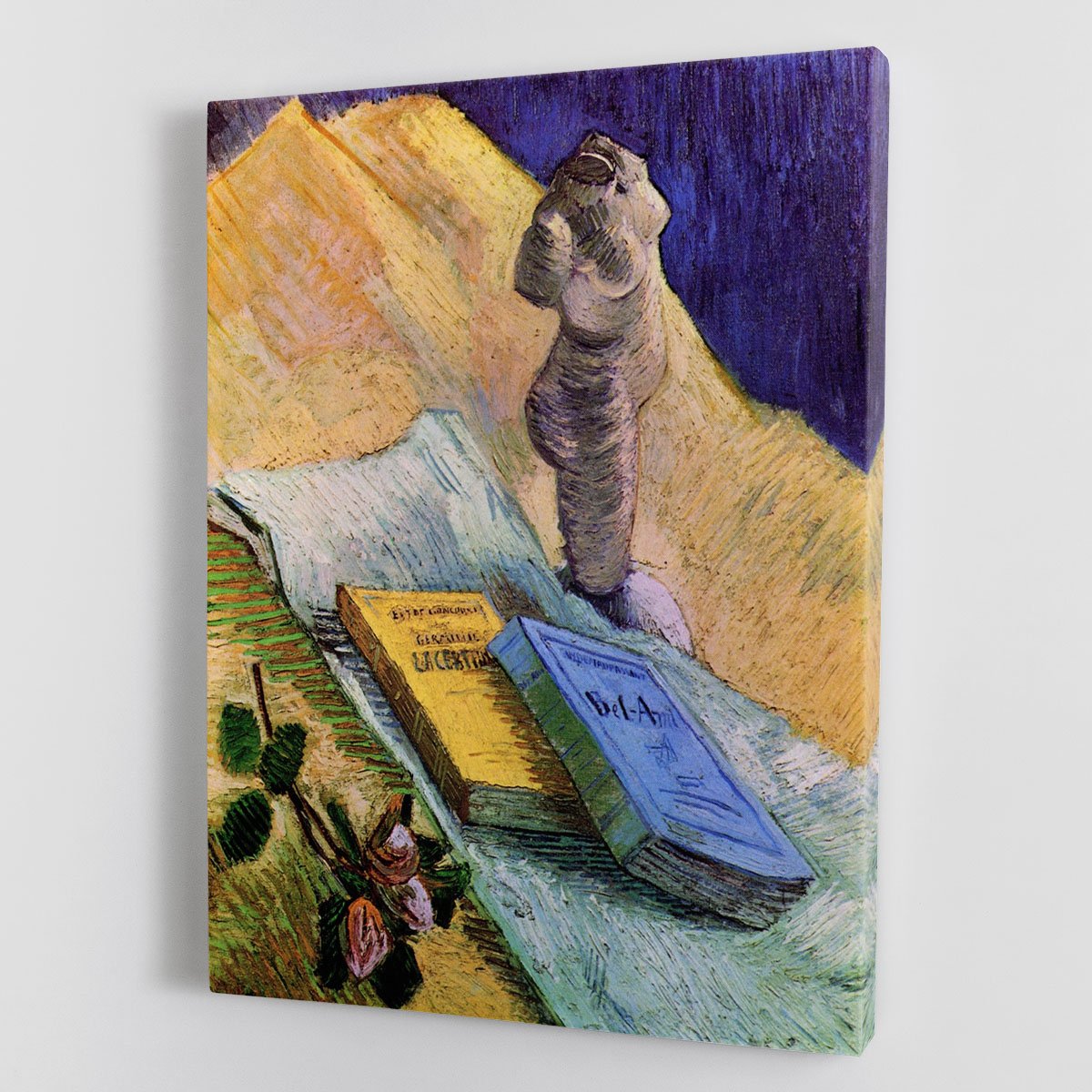 Still Life with Plaster Statuette a Rose and Two Novels by Van Gogh Canvas Print or Poster