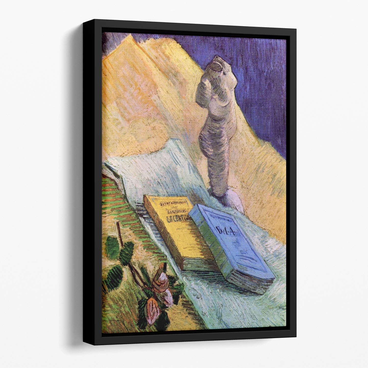 Still Life with Plaster Statuette a Rose and Two Novels by Van Gogh Floating Framed Canvas