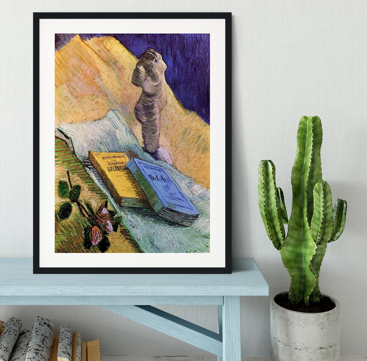 Still Life with Plaster Statuette a Rose and Two Novels by Van Gogh Framed Print - Canvas Art Rocks - 1
