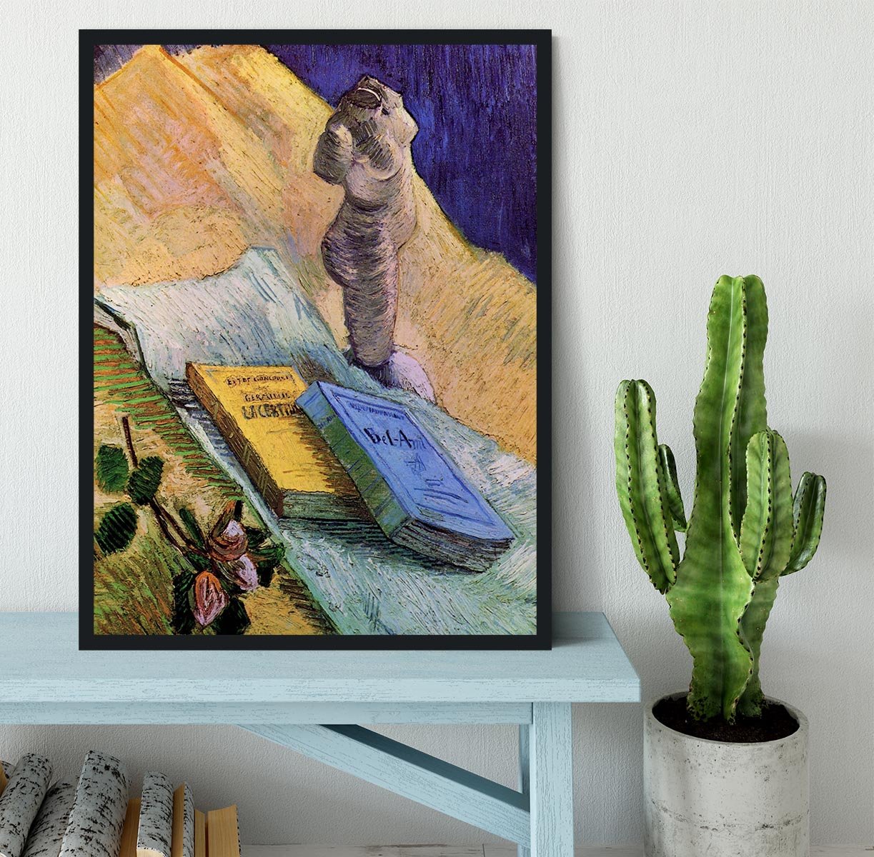 Still Life with Plaster Statuette a Rose and Two Novels by Van Gogh Framed Print - Canvas Art Rocks - 2