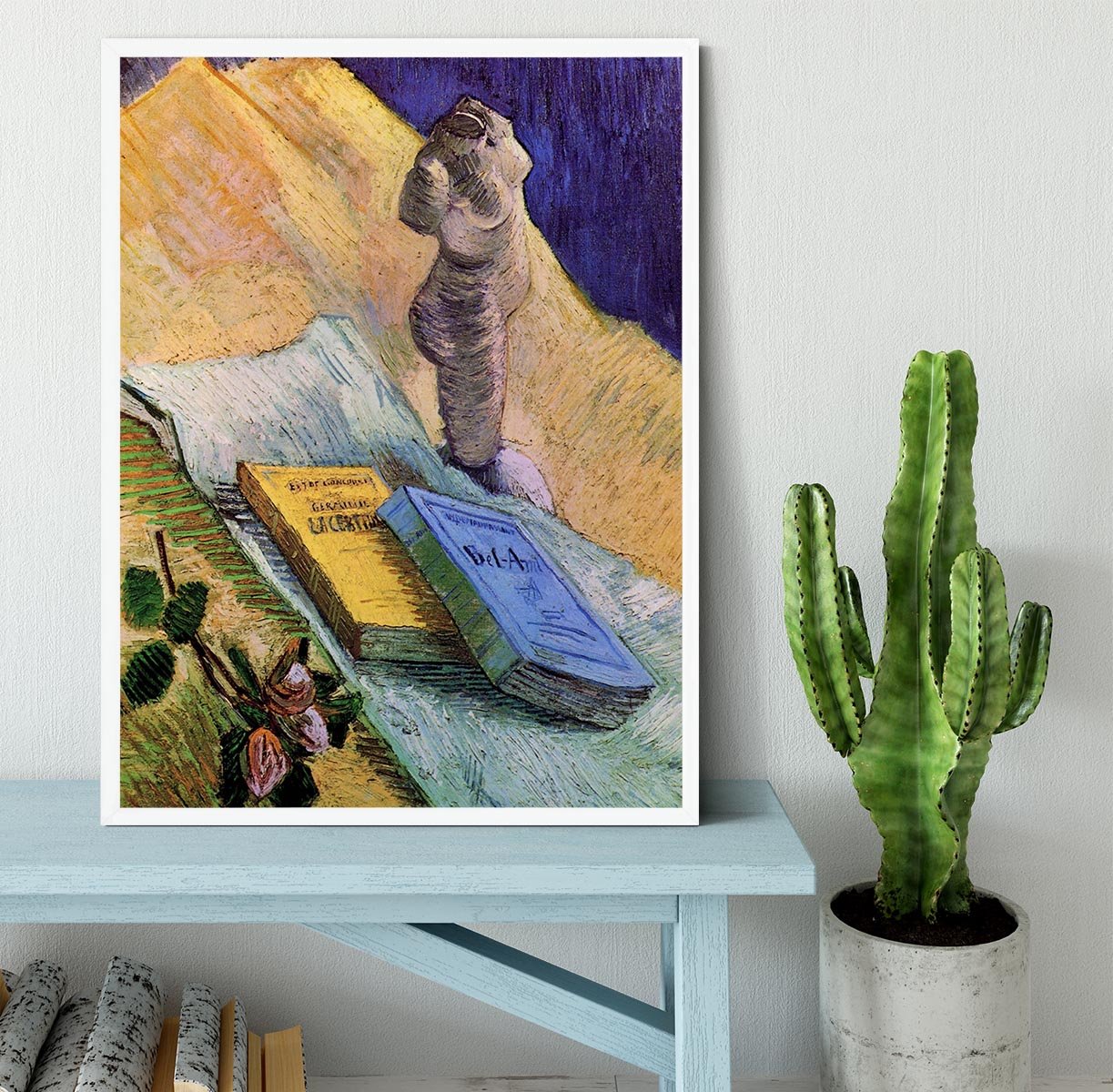 Still Life with Plaster Statuette a Rose and Two Novels by Van Gogh Framed Print - Canvas Art Rocks -6