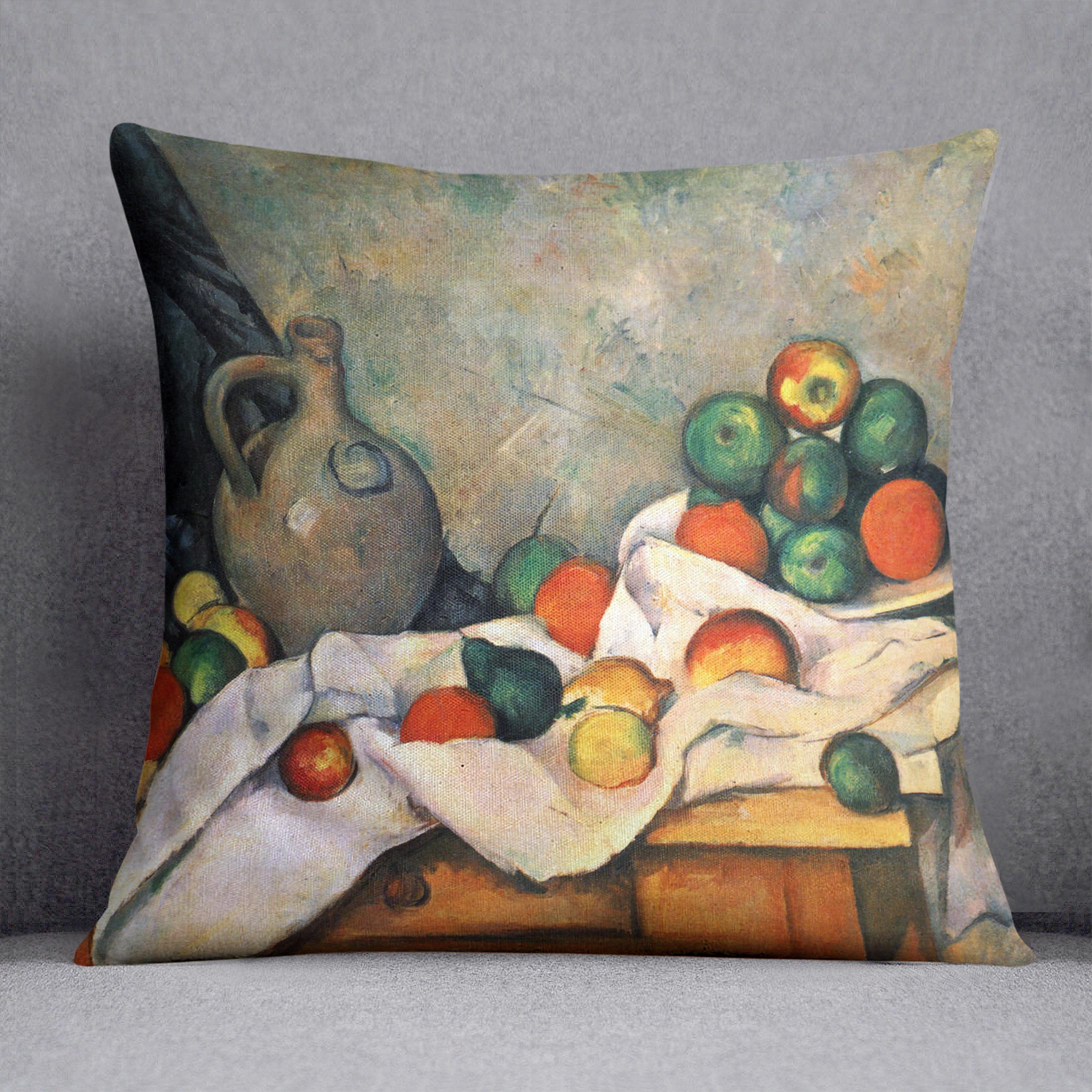 Still life drapery pitcher and fruit bowl by Cezanne Cushion - Canvas Art Rocks - 1