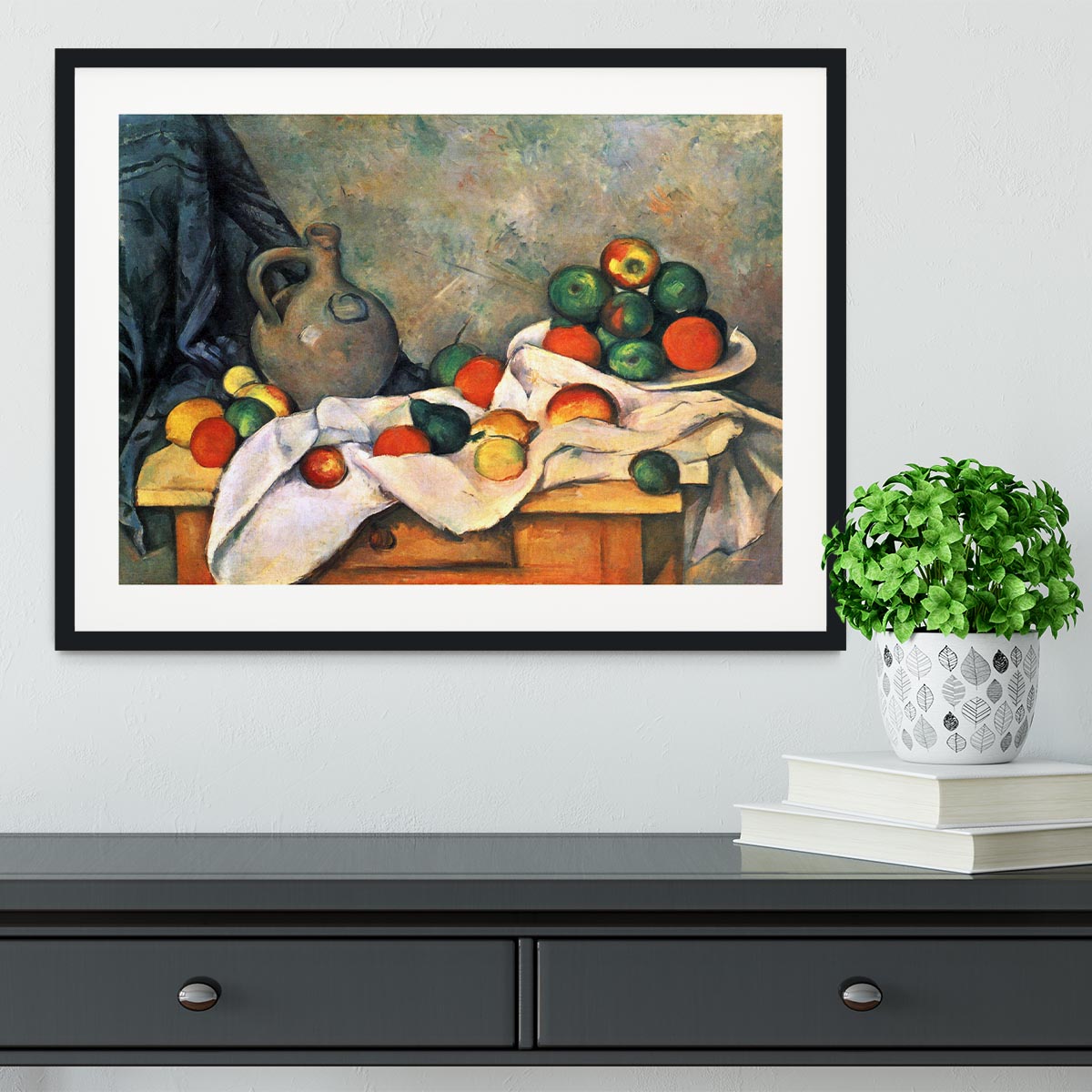 Still life drapery pitcher and fruit bowl by Cezanne Framed Print - Canvas Art Rocks - 1
