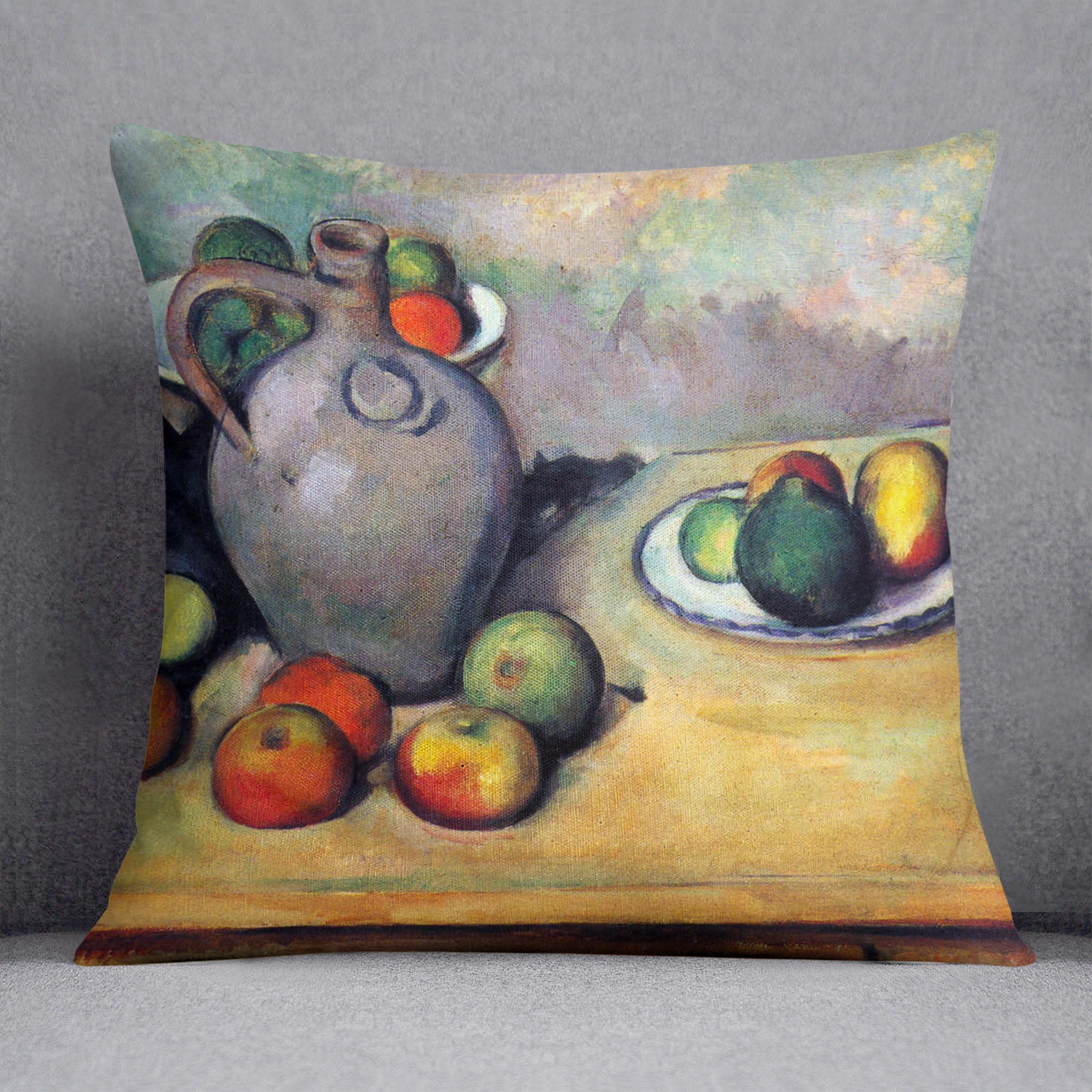 Still life pitcher and fruit on a table by Cezanne Cushion - Canvas Art Rocks - 1