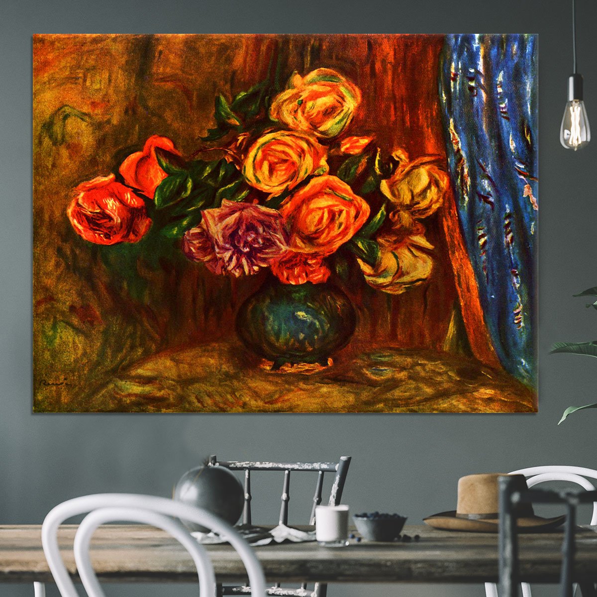 Still life roses before a blue curtain by Renoir Canvas Print or Poster