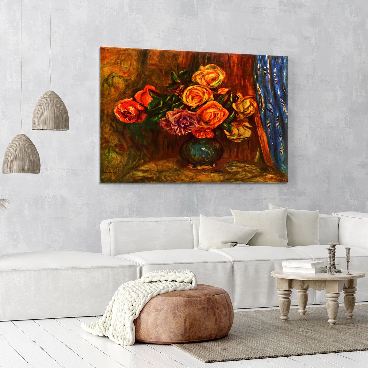 Still life roses before a blue curtain by Renoir Canvas Print or Poster