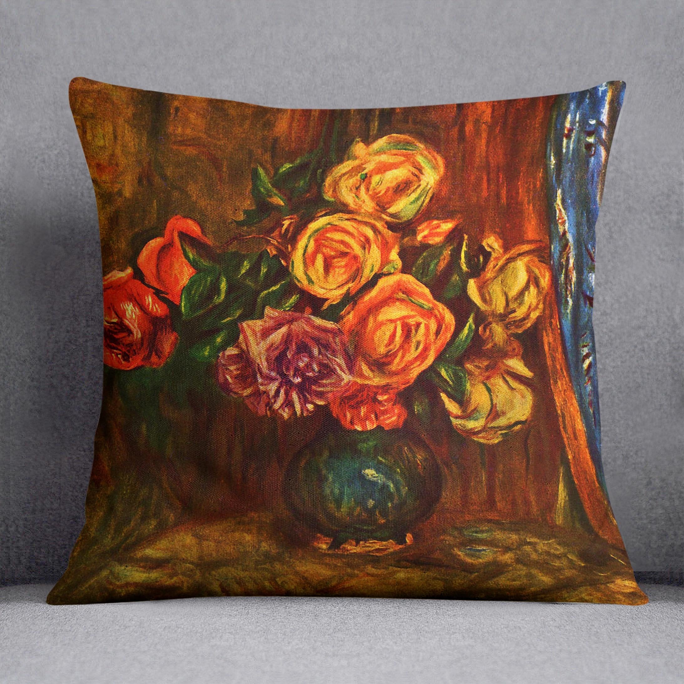 Still life roses before a blue curtain by Renoir Throw Pillow