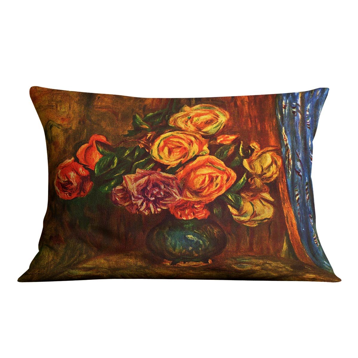 Still life roses before a blue curtain by Renoir Throw Pillow