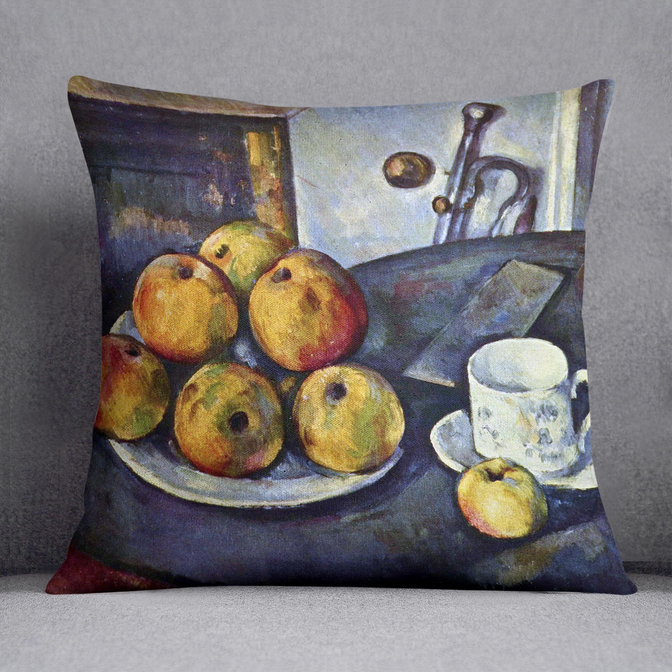Still life with a bottle and apple cart by Cezanne Cushion - Canvas Art Rocks - 1