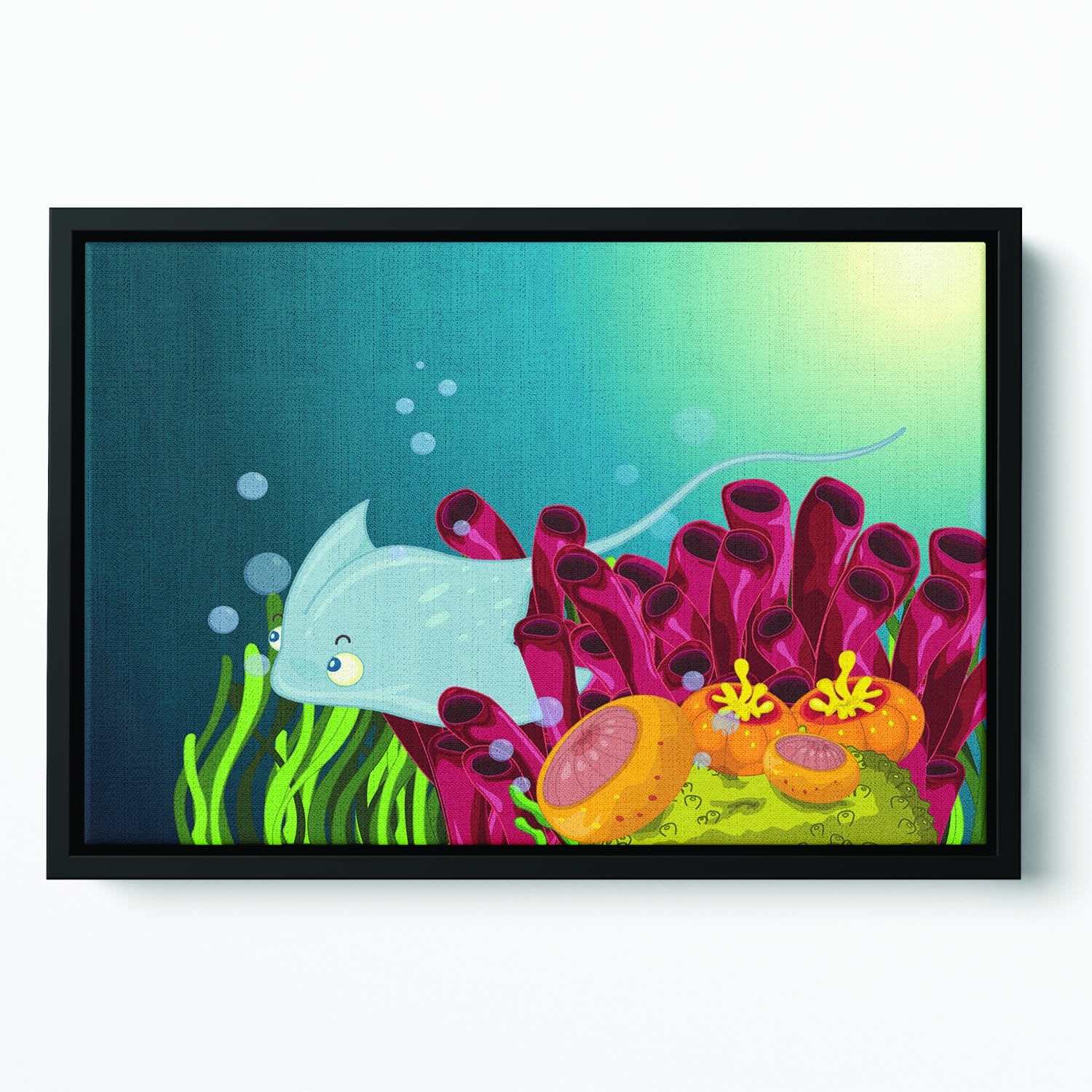 Sting ray hiding between water plants Floating Framed Canvas