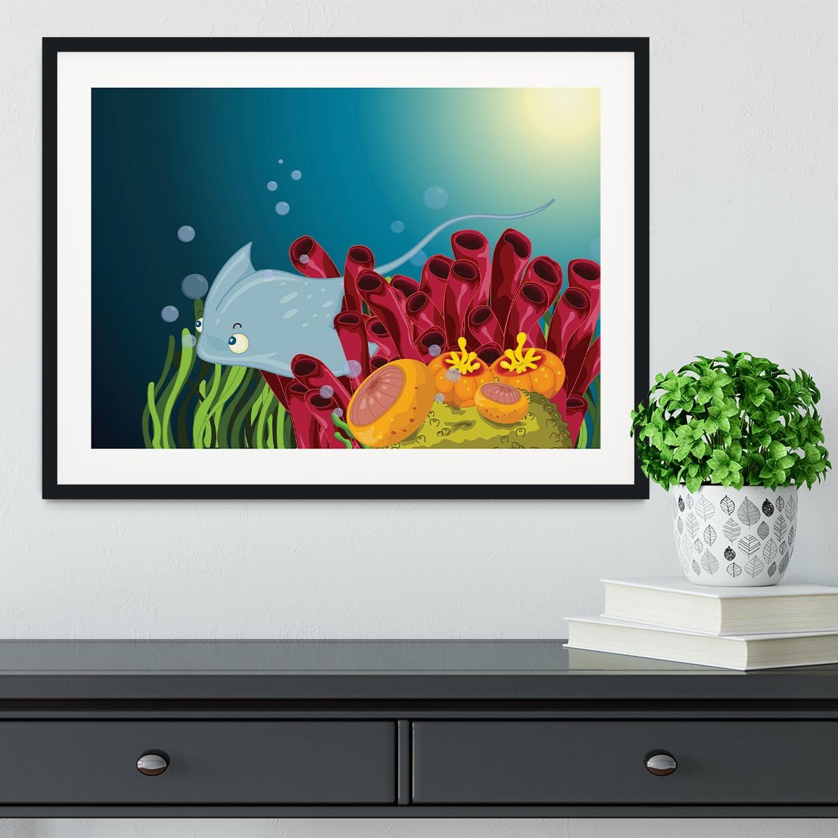Sting ray hiding between water plants Framed Print - Canvas Art Rocks - 1