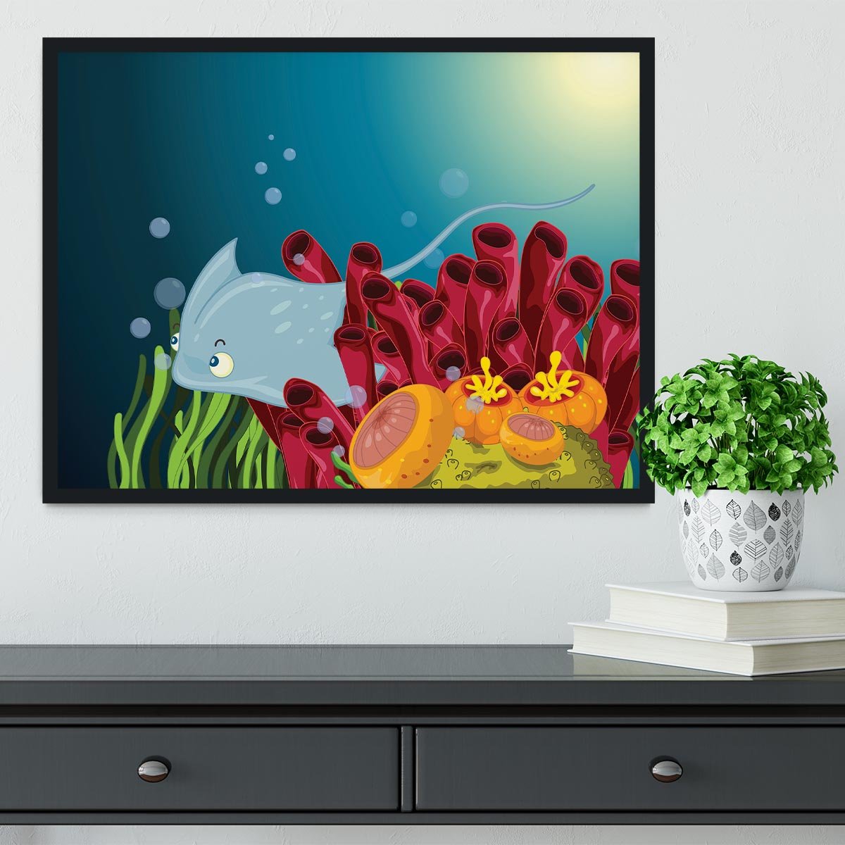 Sting ray hiding between water plants Framed Print - Canvas Art Rocks - 2