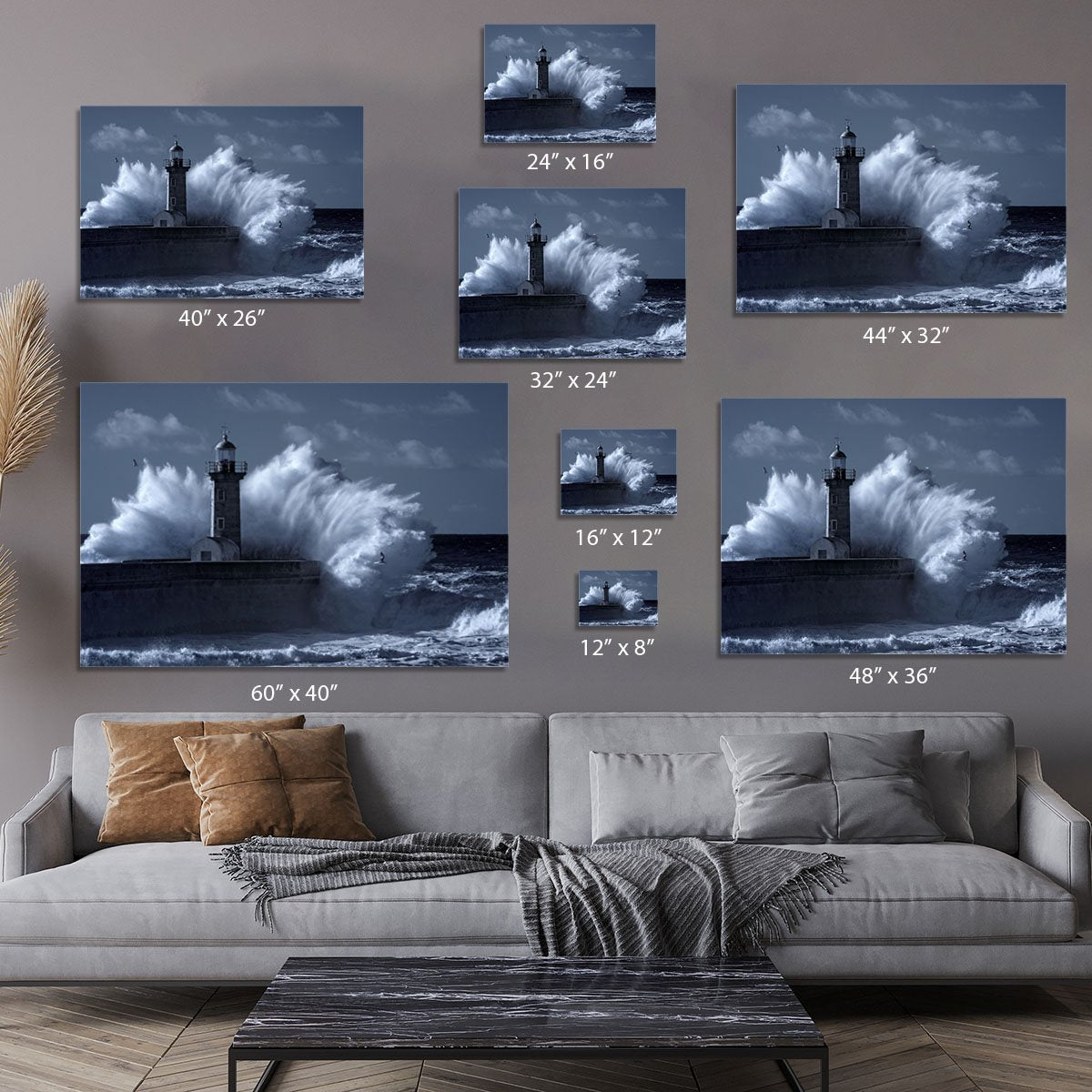 Stormy waves over old lighthouse Canvas Print or Poster