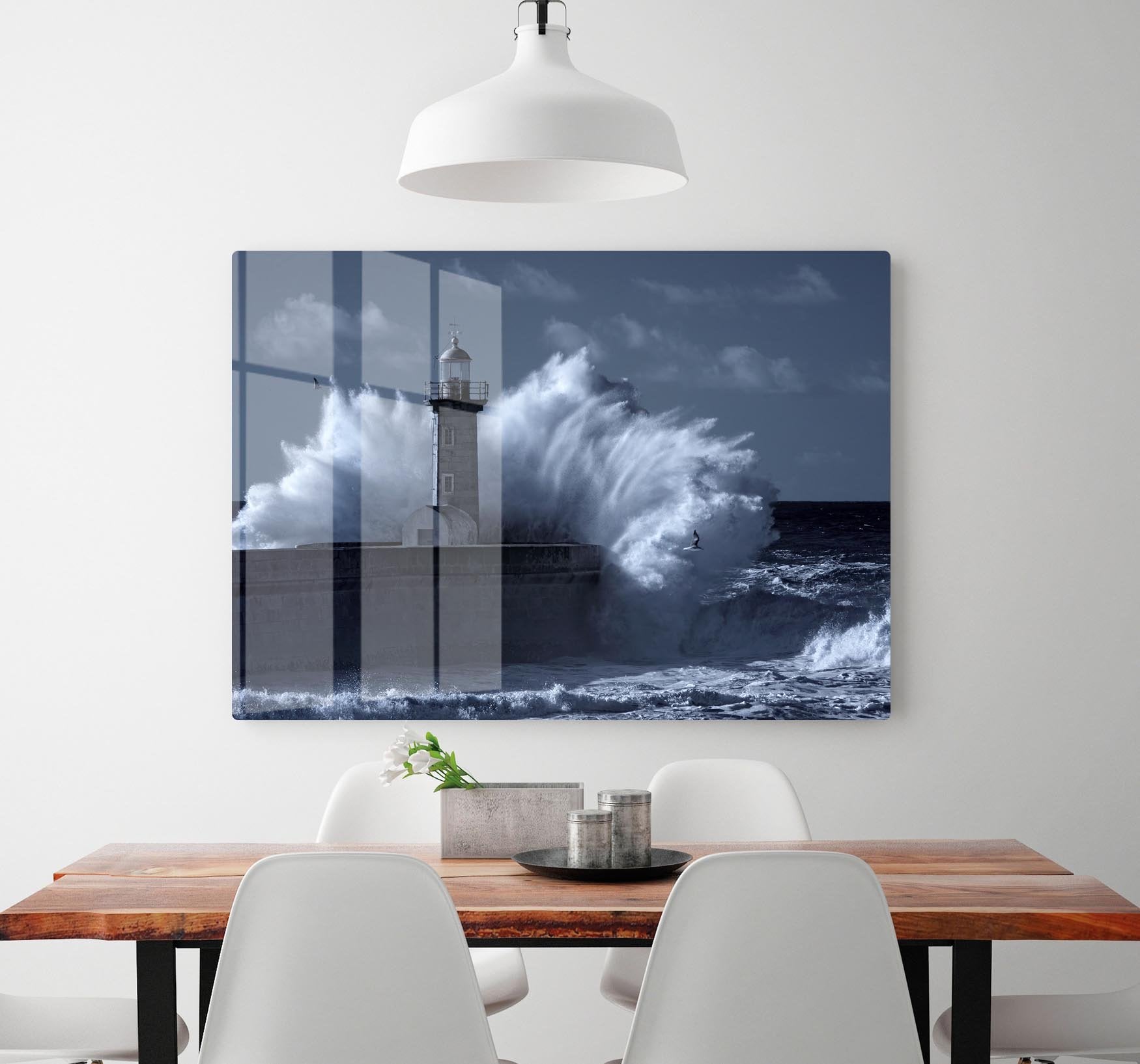 Stormy waves over old lighthouse HD Metal Print