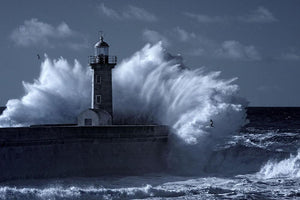 Stormy waves over old lighthouse Wall Mural Wallpaper - Canvas Art Rocks - 1