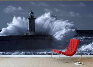 Stormy waves over old lighthouse Wall Mural Wallpaper - Canvas Art Rocks - 3