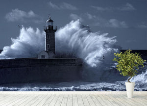 Stormy waves over old lighthouse Wall Mural Wallpaper - Canvas Art Rocks - 4