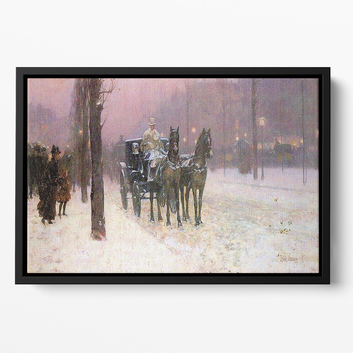 Street scene with two cabs by Hassam Floating Framed Canvas - Canvas Art Rocks - 2