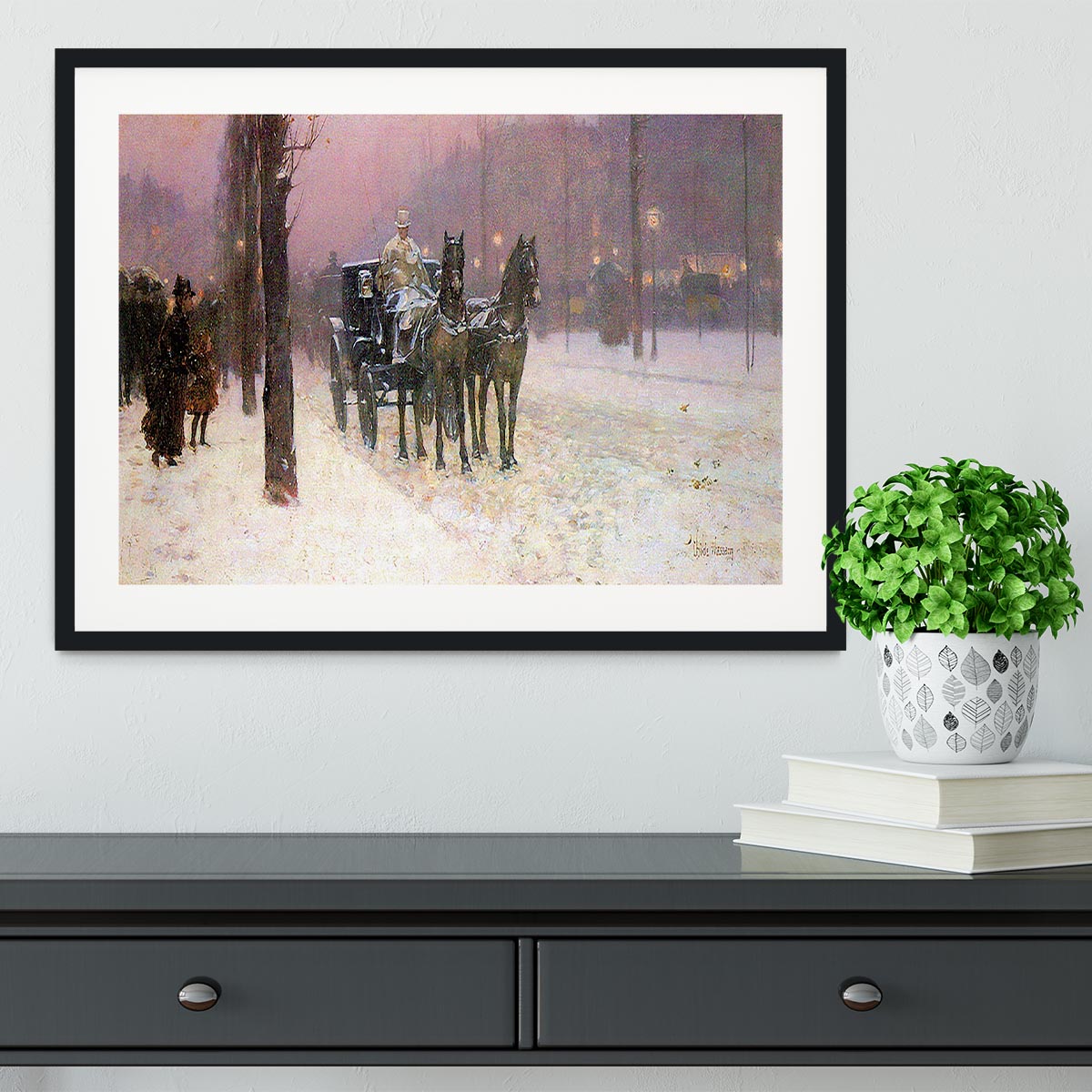 Street scene with two cabs by Hassam Framed Print - Canvas Art Rocks - 1