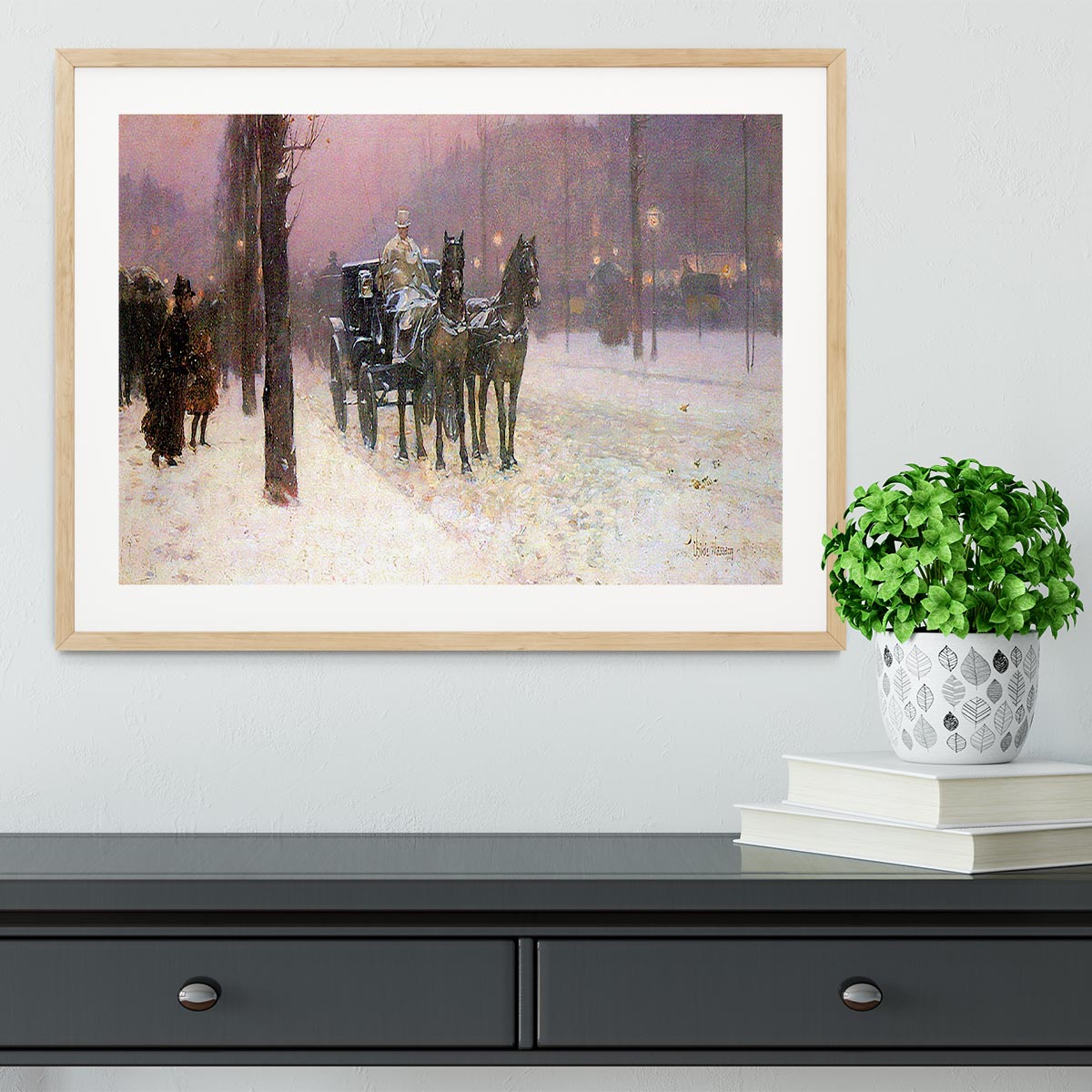 Street scene with two cabs by Hassam Framed Print - Canvas Art Rocks - 3