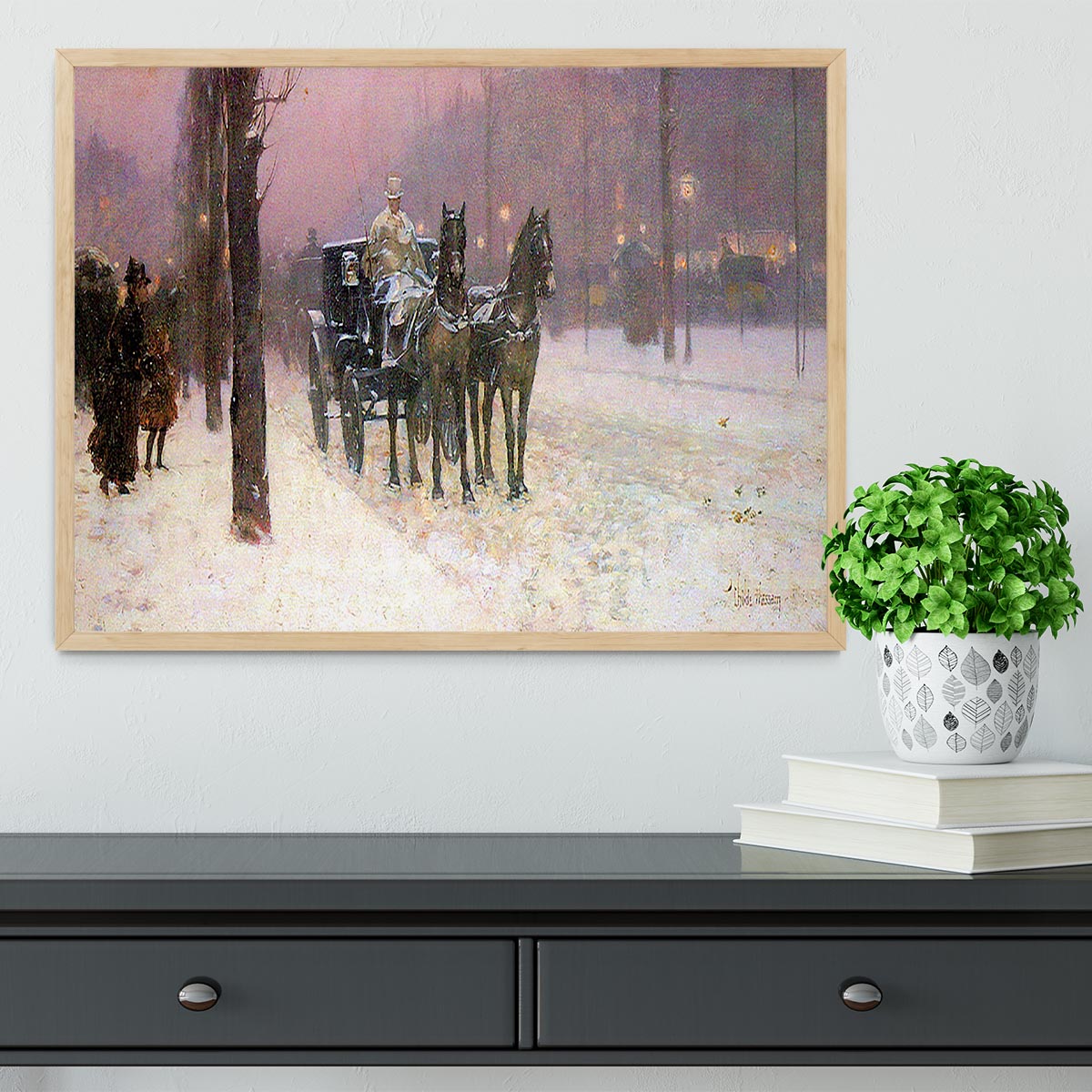 Street scene with two cabs by Hassam Framed Print - Canvas Art Rocks - 4