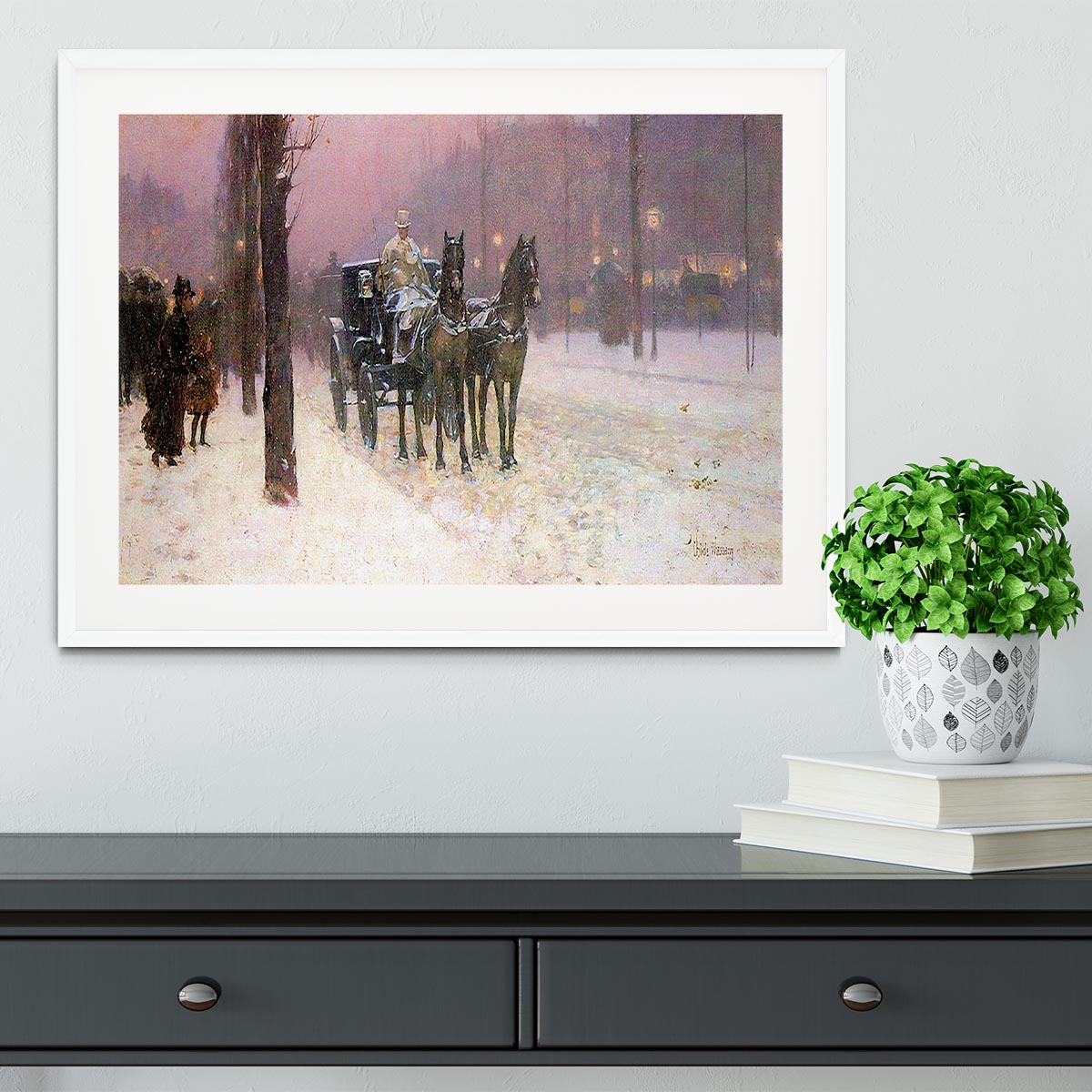 Street scene with two cabs by Hassam Framed Print - Canvas Art Rocks - 5