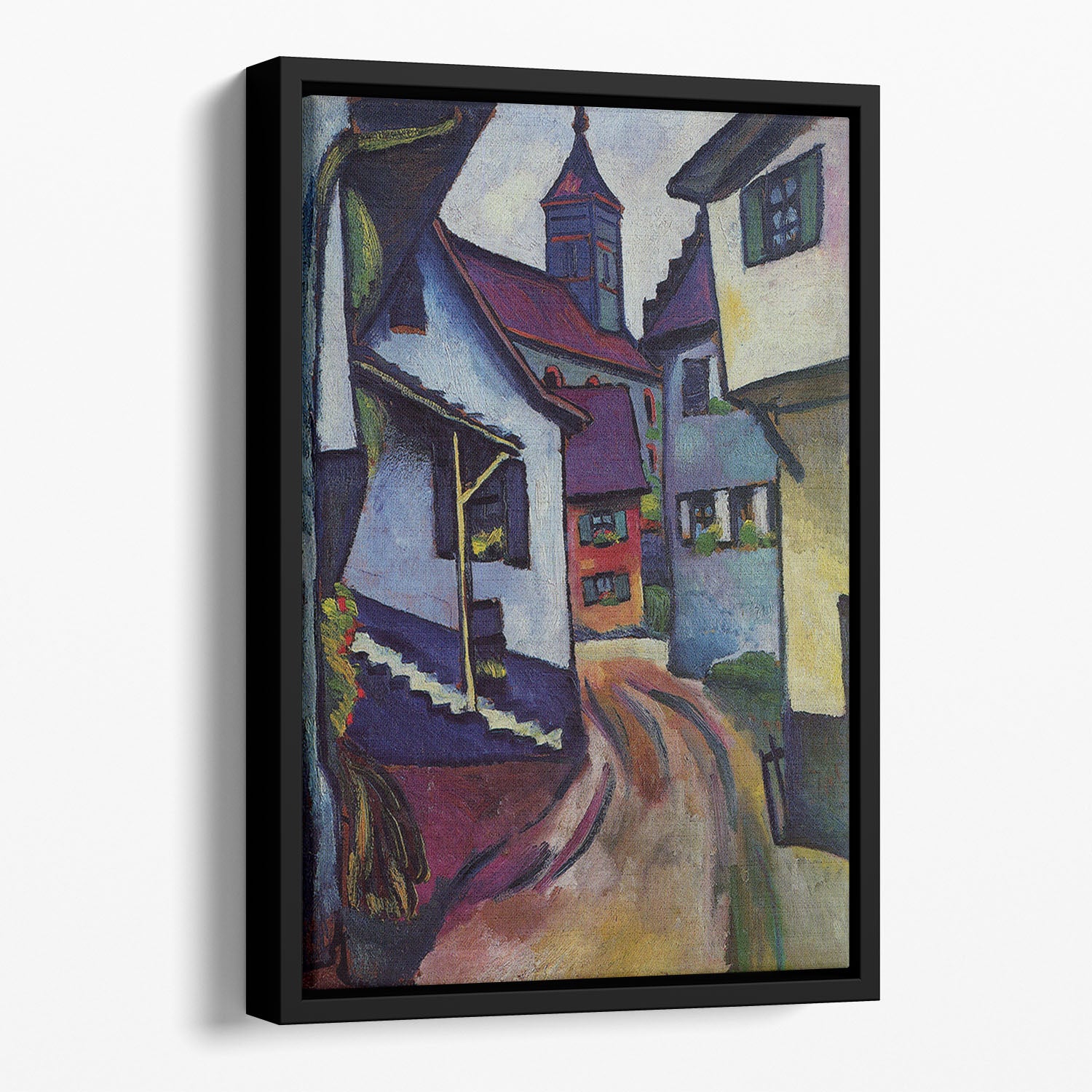 Street with a church in Kandern by Macke Floating Framed Canvas - Canvas Art Rocks - 1