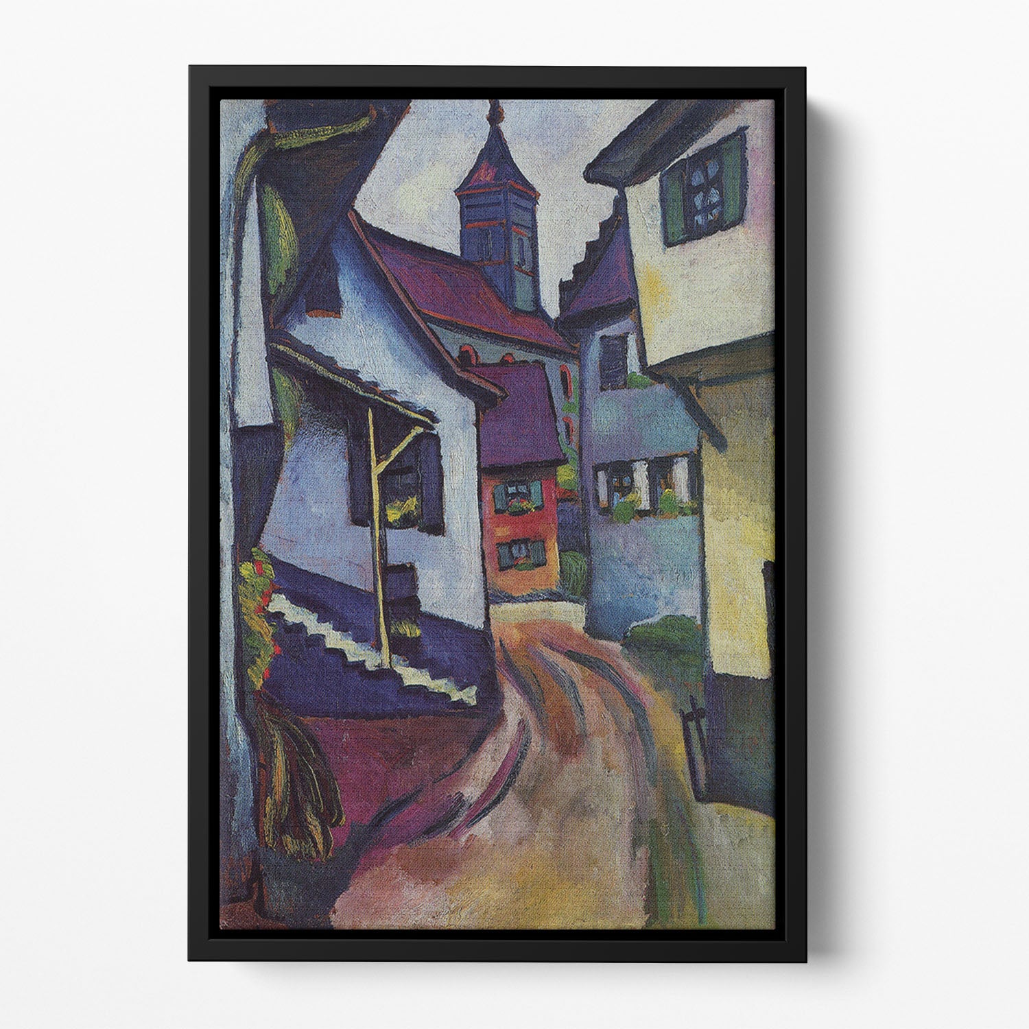 Street with a church in Kandern by Macke Floating Framed Canvas - Canvas Art Rocks - 2