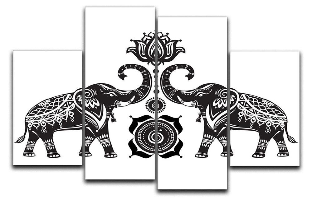Stylized decorated elephants and lotus flower 4 Split Panel Canvas - Canvas Art Rocks - 1