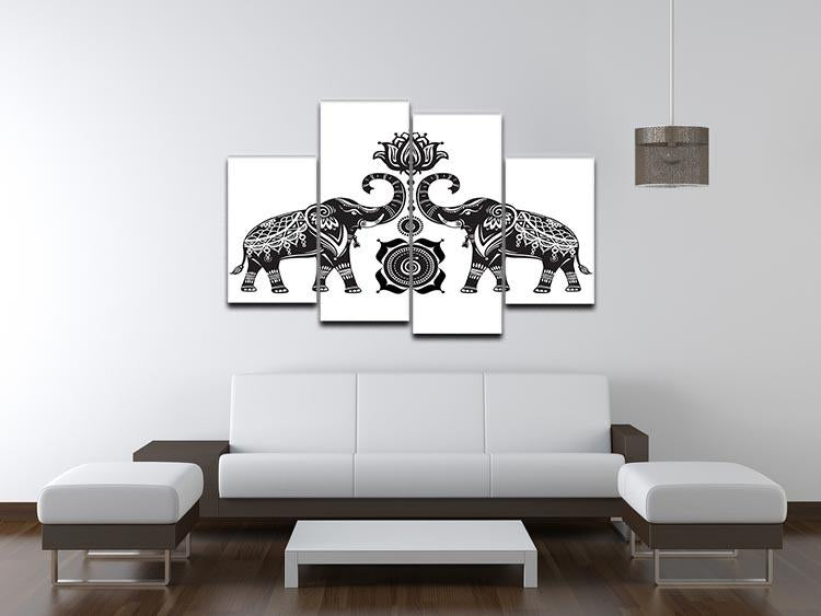 Stylized decorated elephants and lotus flower 4 Split Panel Canvas - Canvas Art Rocks - 3