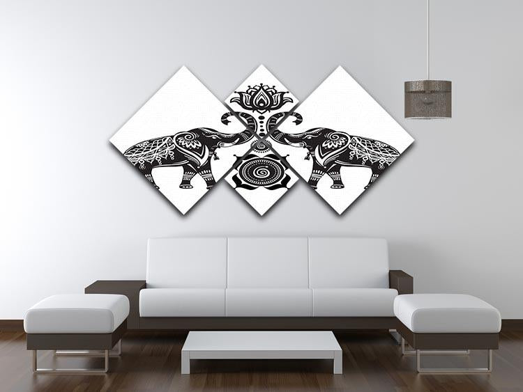 Stylized decorated elephants and lotus flower 4 Square Multi Panel Canvas - Canvas Art Rocks - 3