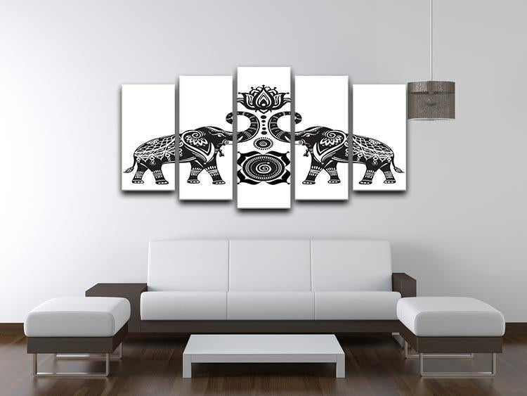 Stylized decorated elephants and lotus flower 5 Split Panel Canvas - Canvas Art Rocks - 3