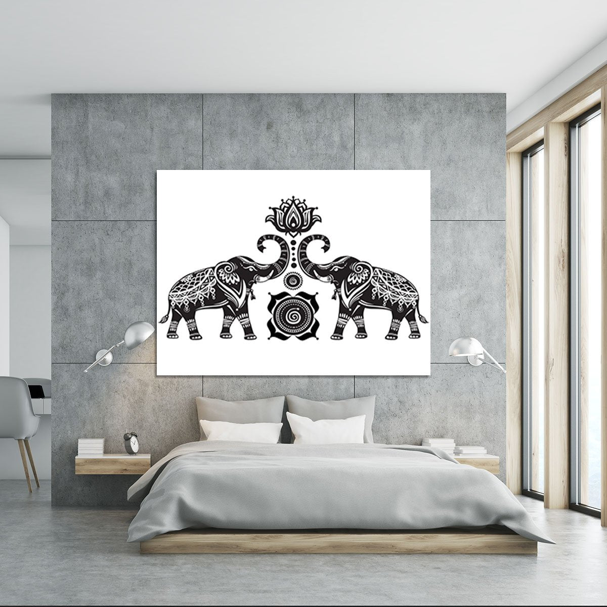 Stylized decorated elephants and lotus flower Canvas Print or Poster