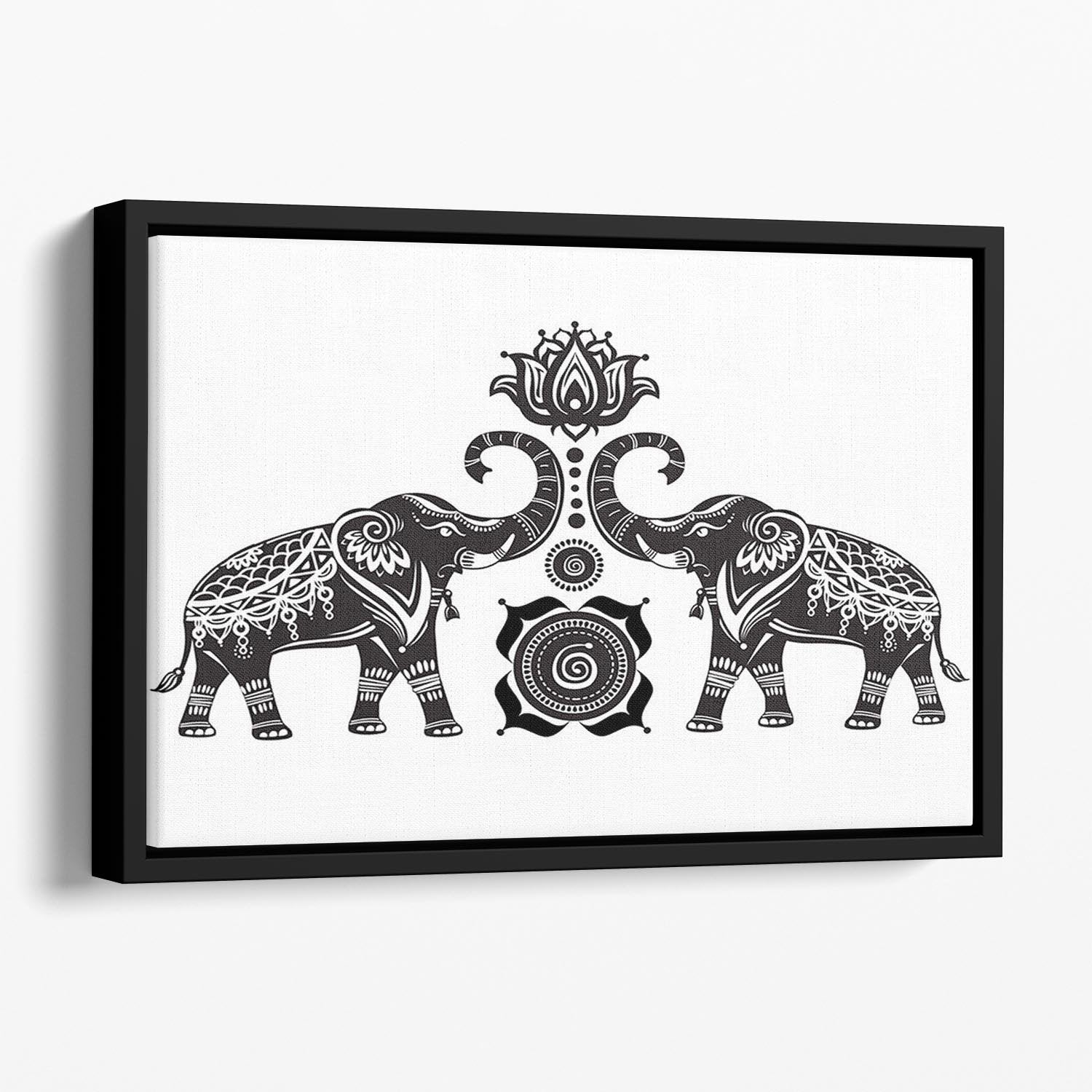 Stylized decorated elephants and lotus flower Floating Framed Canvas - Canvas Art Rocks - 1