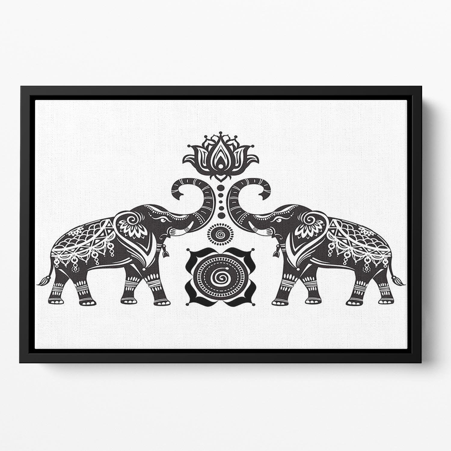 Stylized decorated elephants and lotus flower Floating Framed Canvas - Canvas Art Rocks - 2