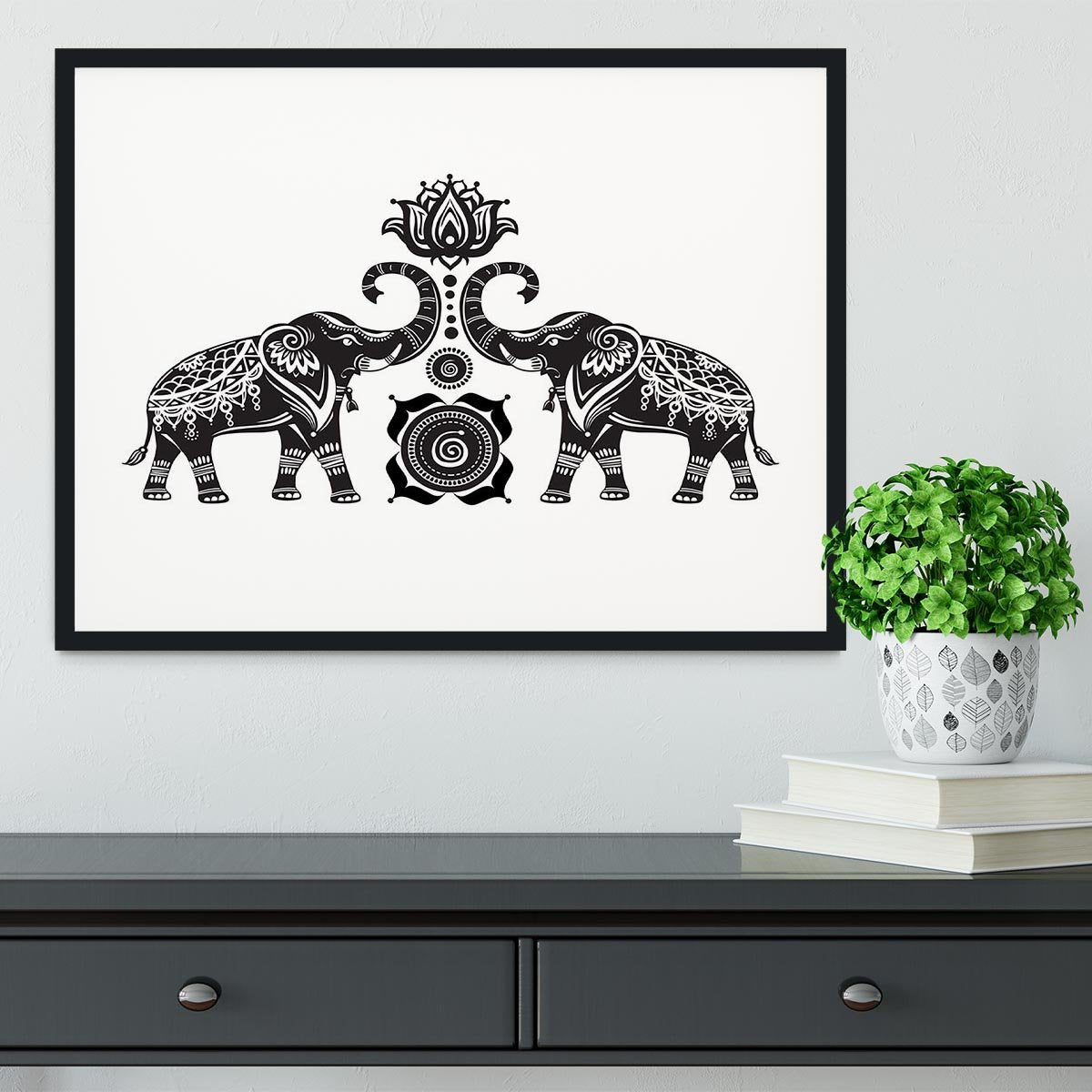 Stylized decorated elephants and lotus flower Framed Print - Canvas Art Rocks - 1