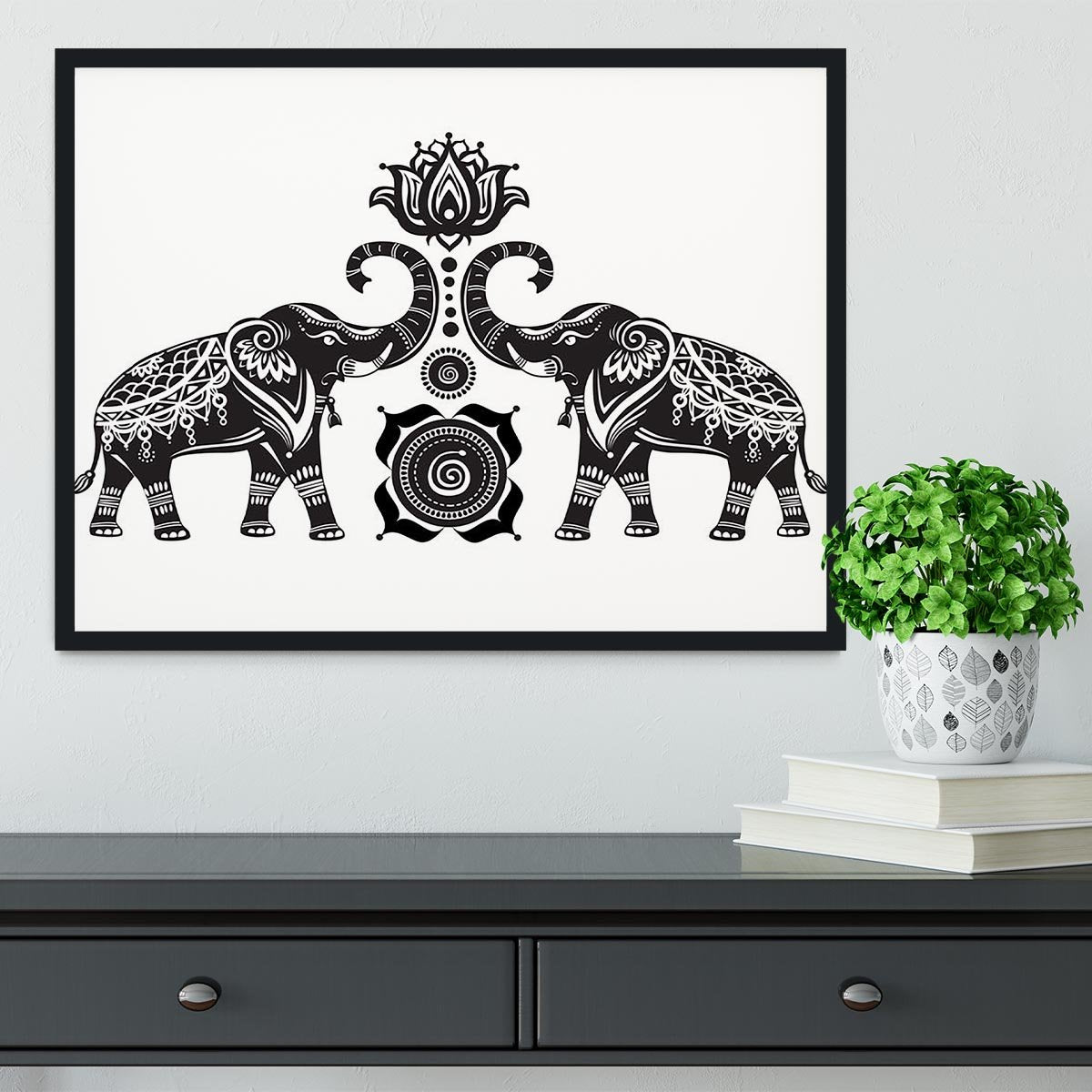 Stylized decorated elephants and lotus flower Framed Print - Canvas Art Rocks - 2